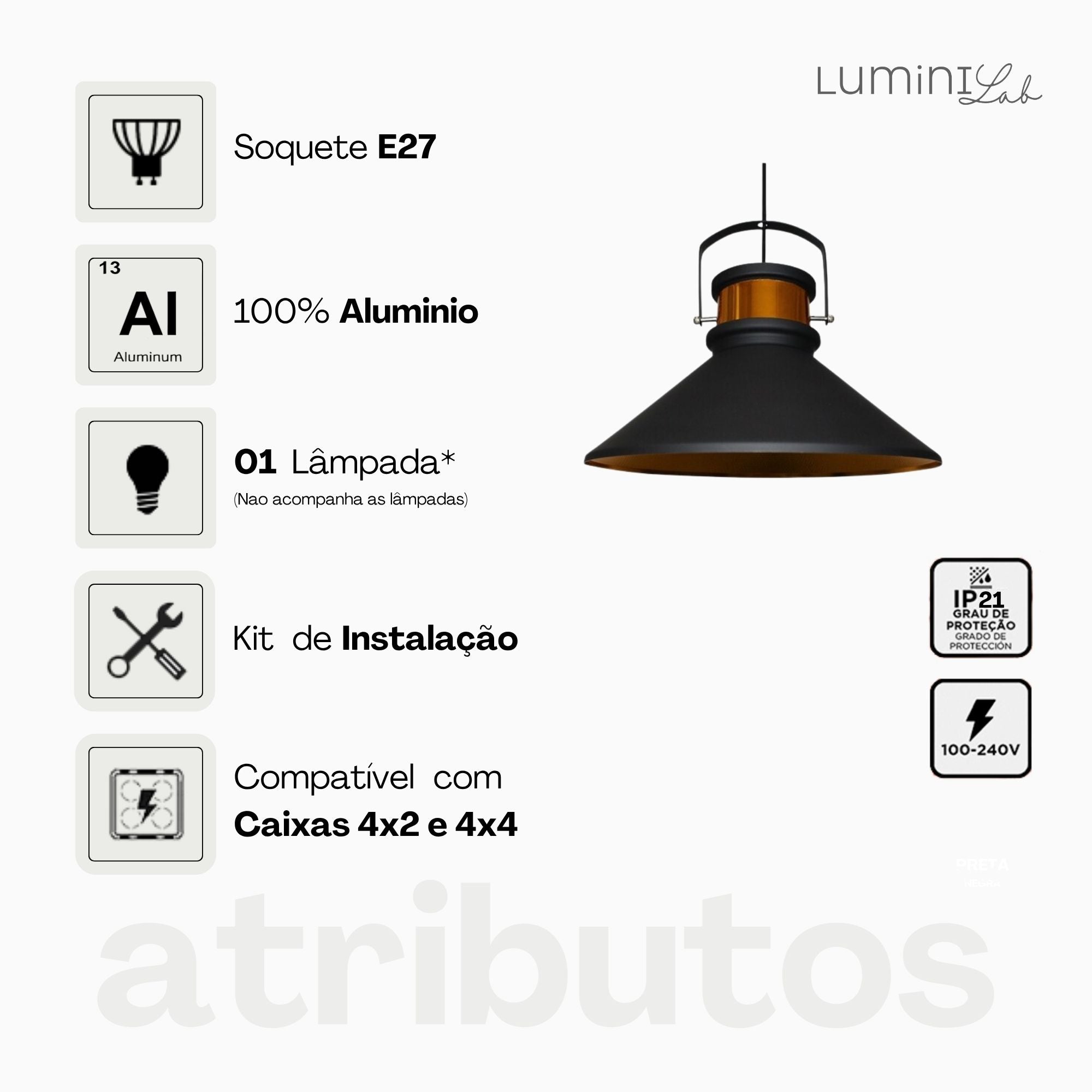 Pendente Bari Aluminio Teto E27 1 Luz Lumini Lab