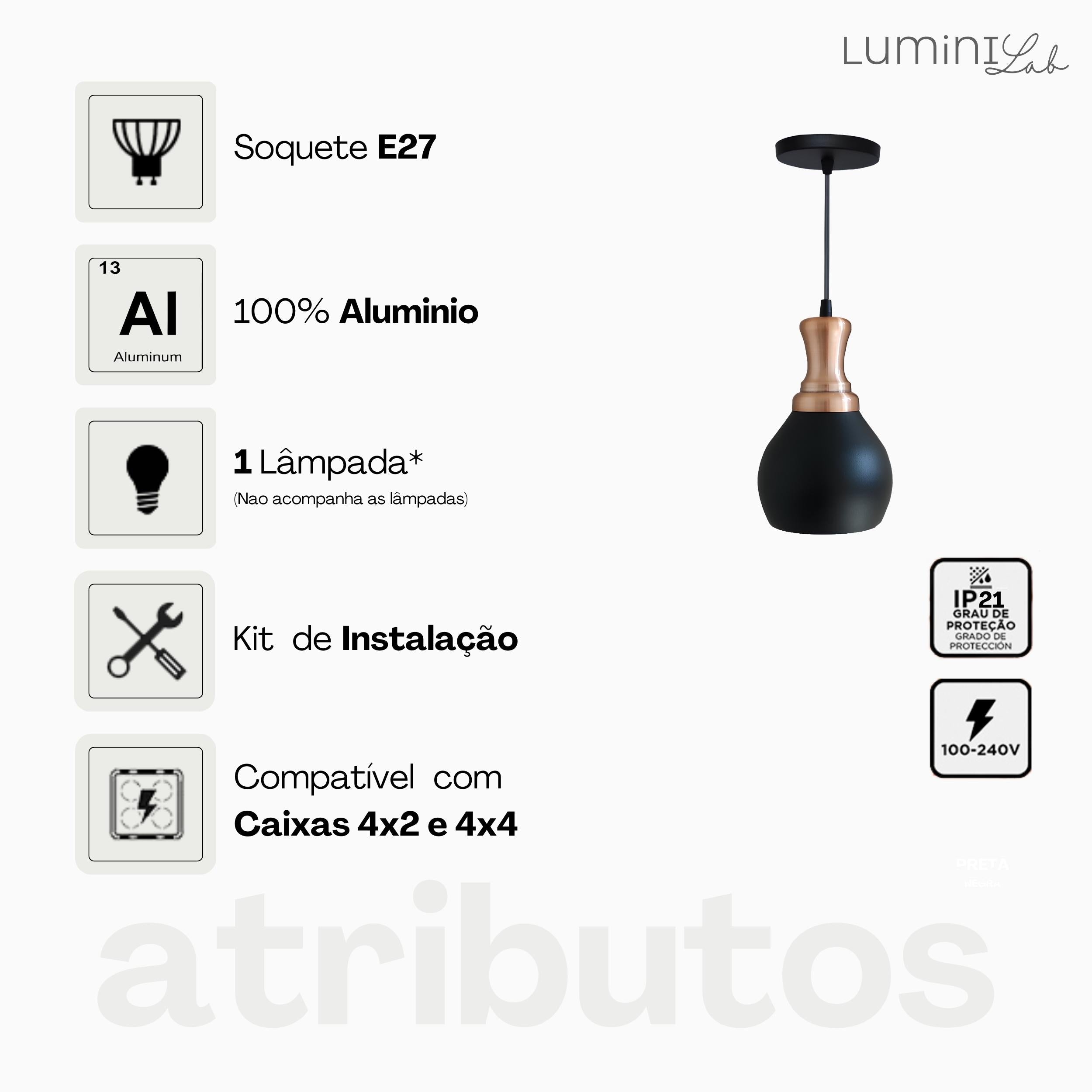 Pendente Tulipa Aluminio Teto E27 1 Luz Lumini Lab