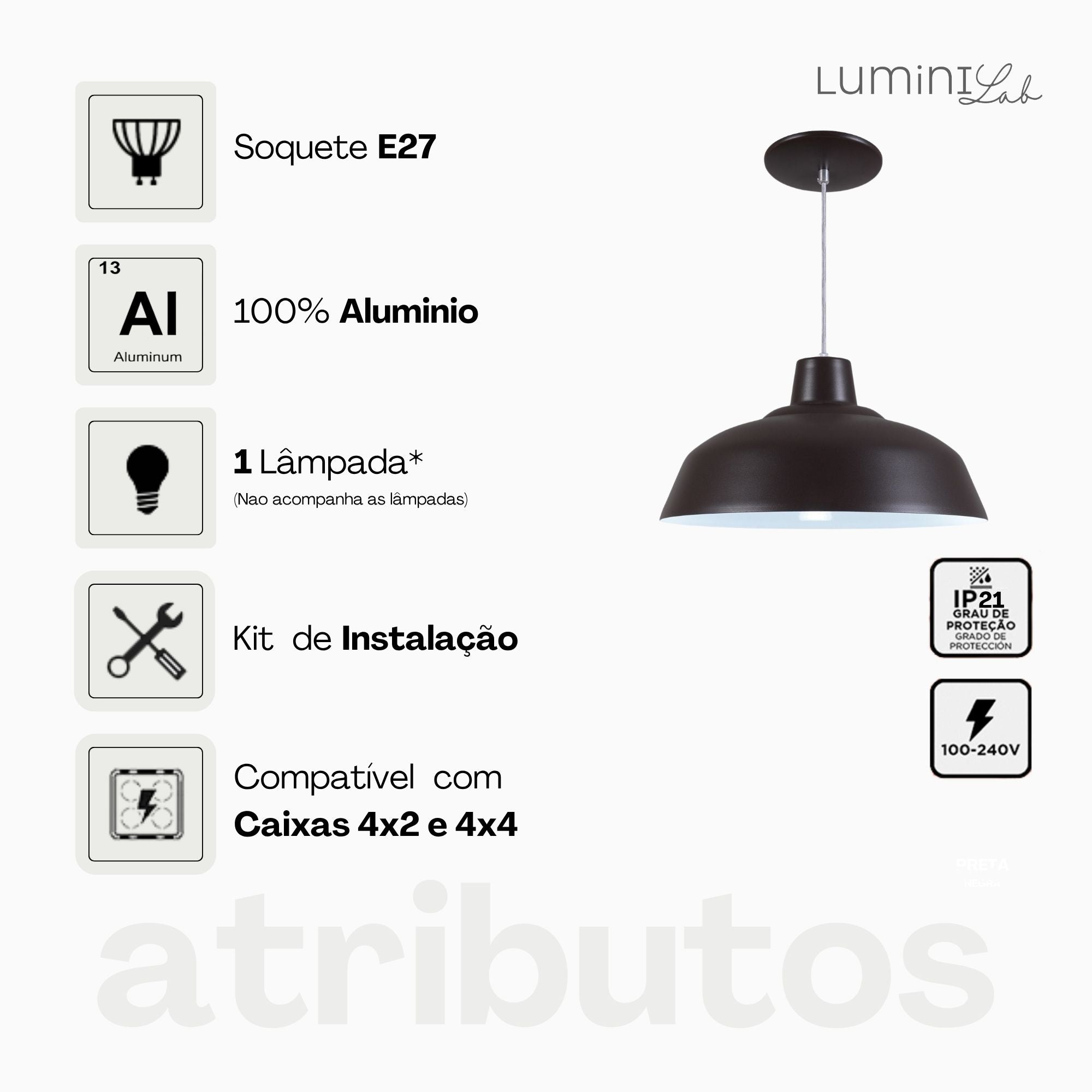 Pendente Retro Aluminio Teto Cabo 1 metro 1 Luz E27 Bivolt Lumini Lab