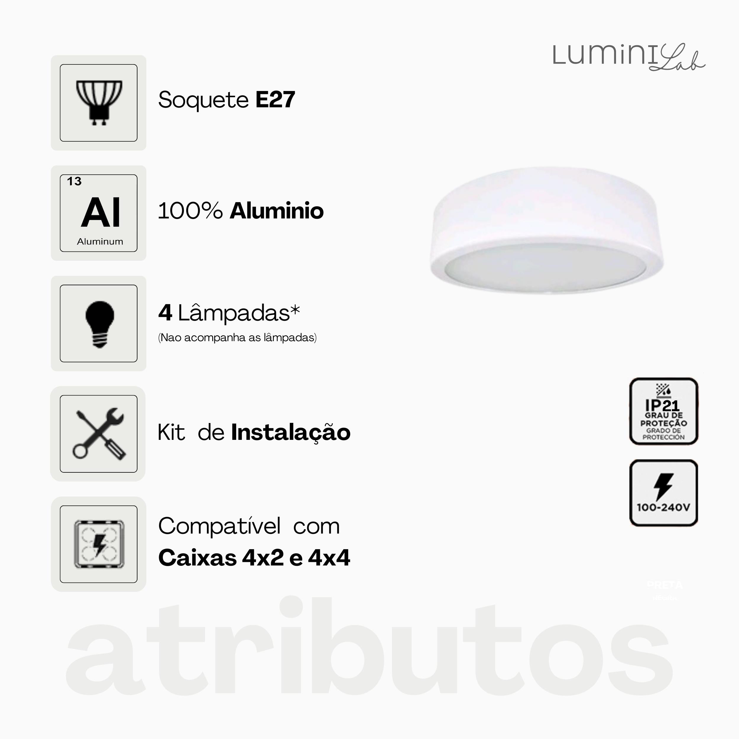 Plafon D400 Aluminio Teto 3 Luzes E27 Bivolt Lumini Lab