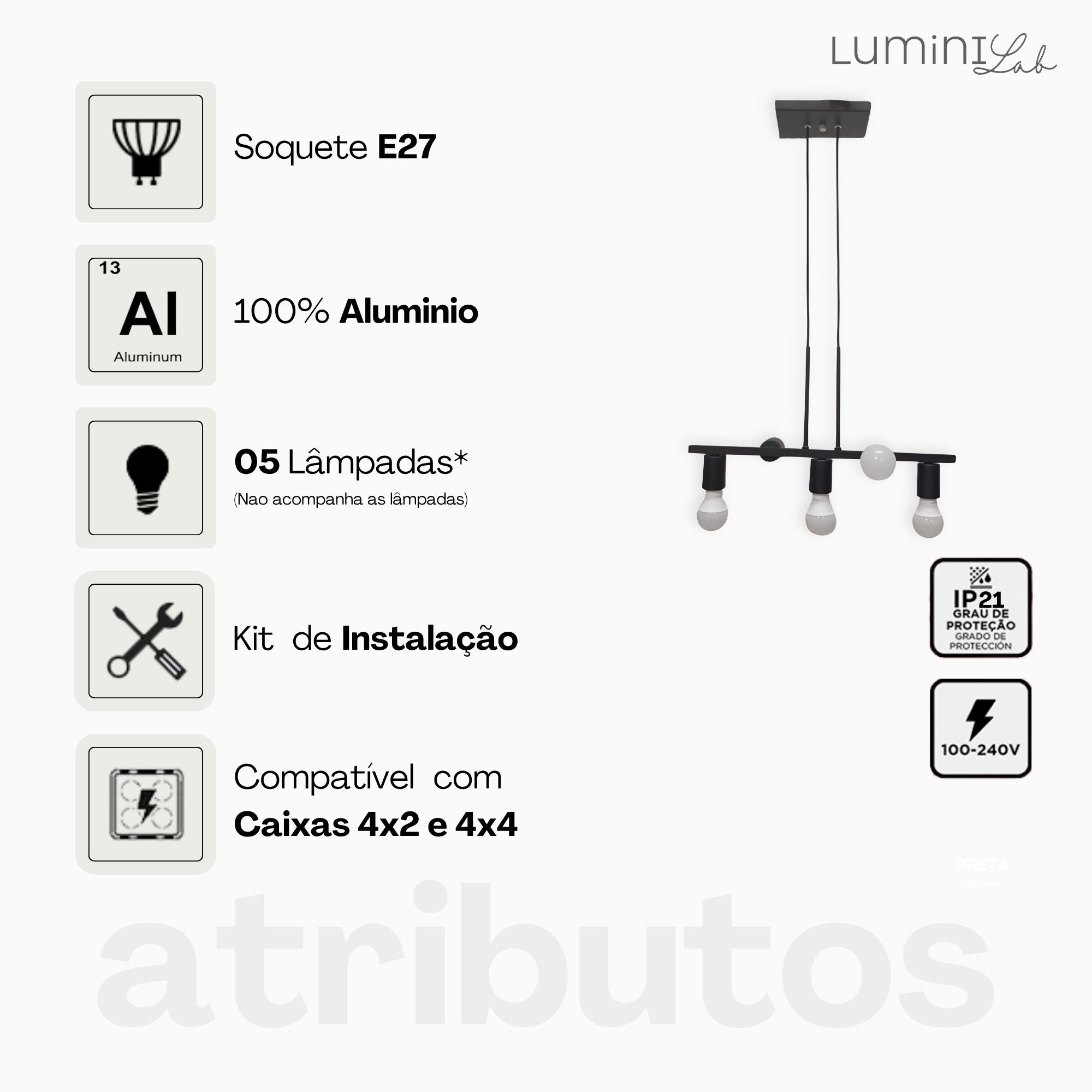 Pendente Rubis Aluminio Teto E27 5 Luzes Lumini Lab