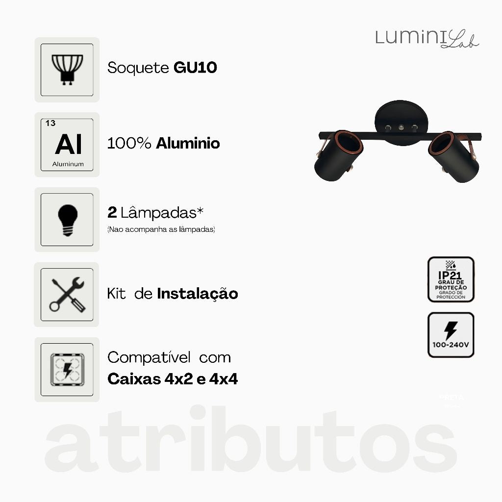 Spot Trilho Moderno Aluminio Teto GU10 2 Luzes Lumini Lab