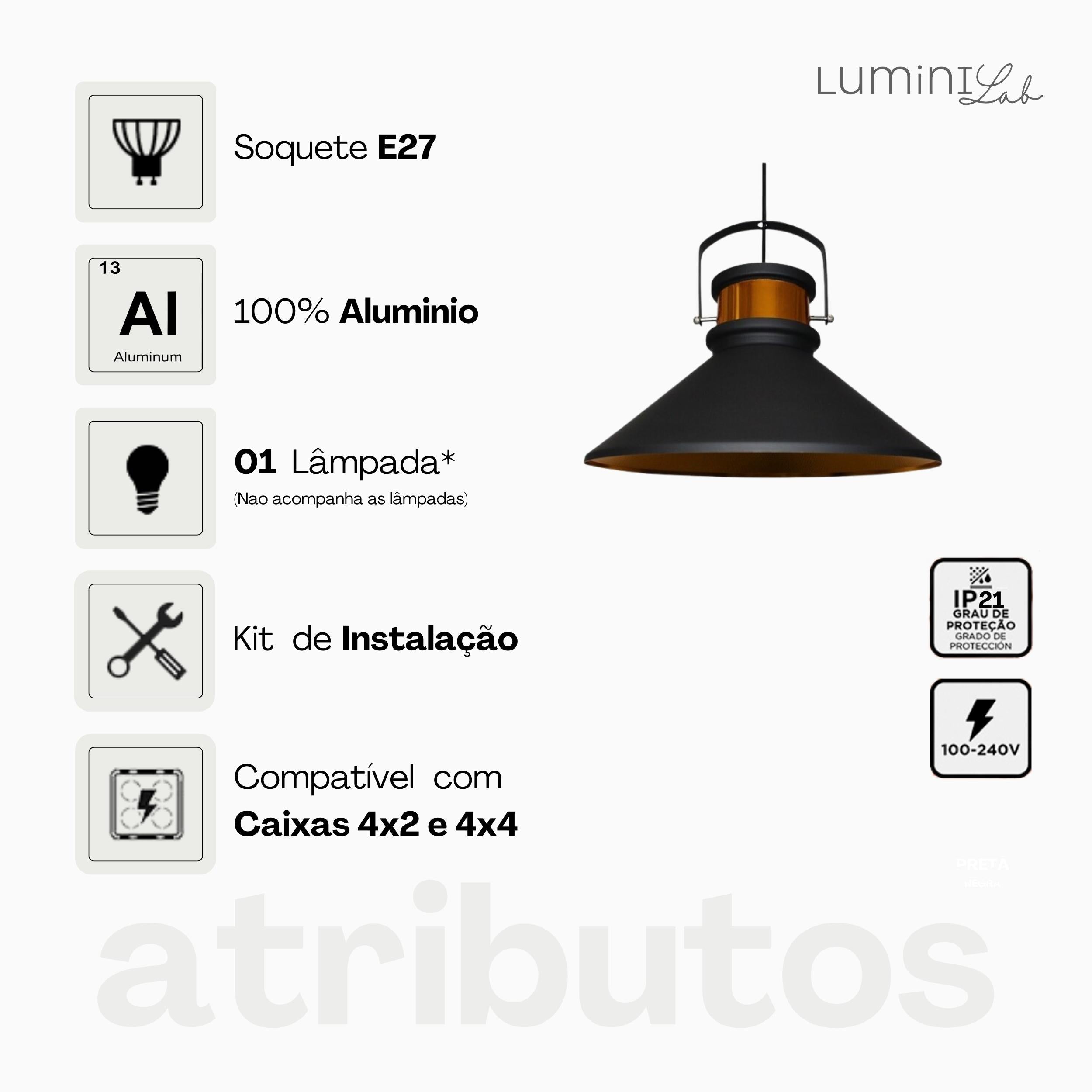 Pendente Bari Aluminio Teto E27 1 Luz Lumini Lab