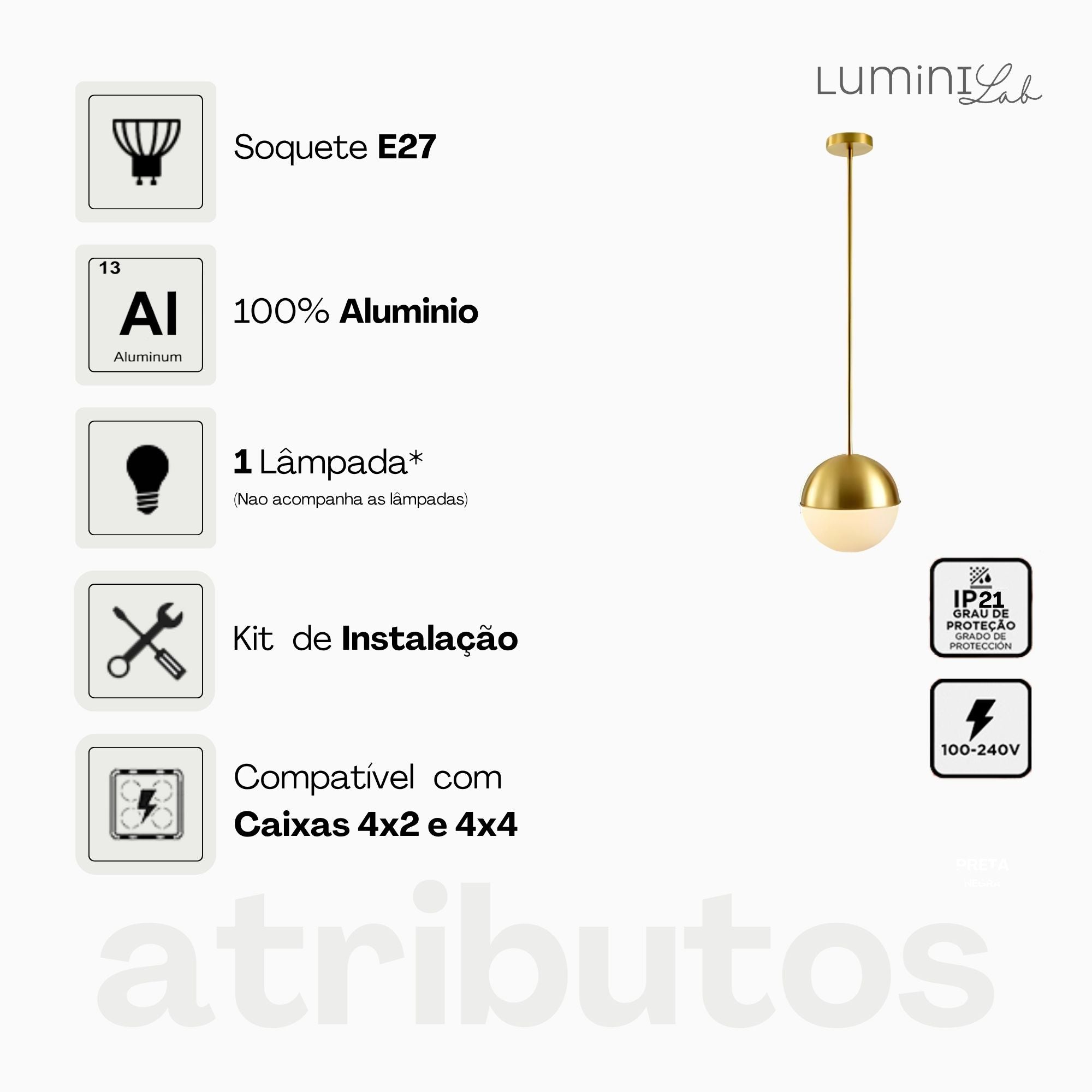 Pendente Bolinha Aluminio Teto Cabo 1 metro 1 Luz G9 D12 Bivolt Lumini Lab