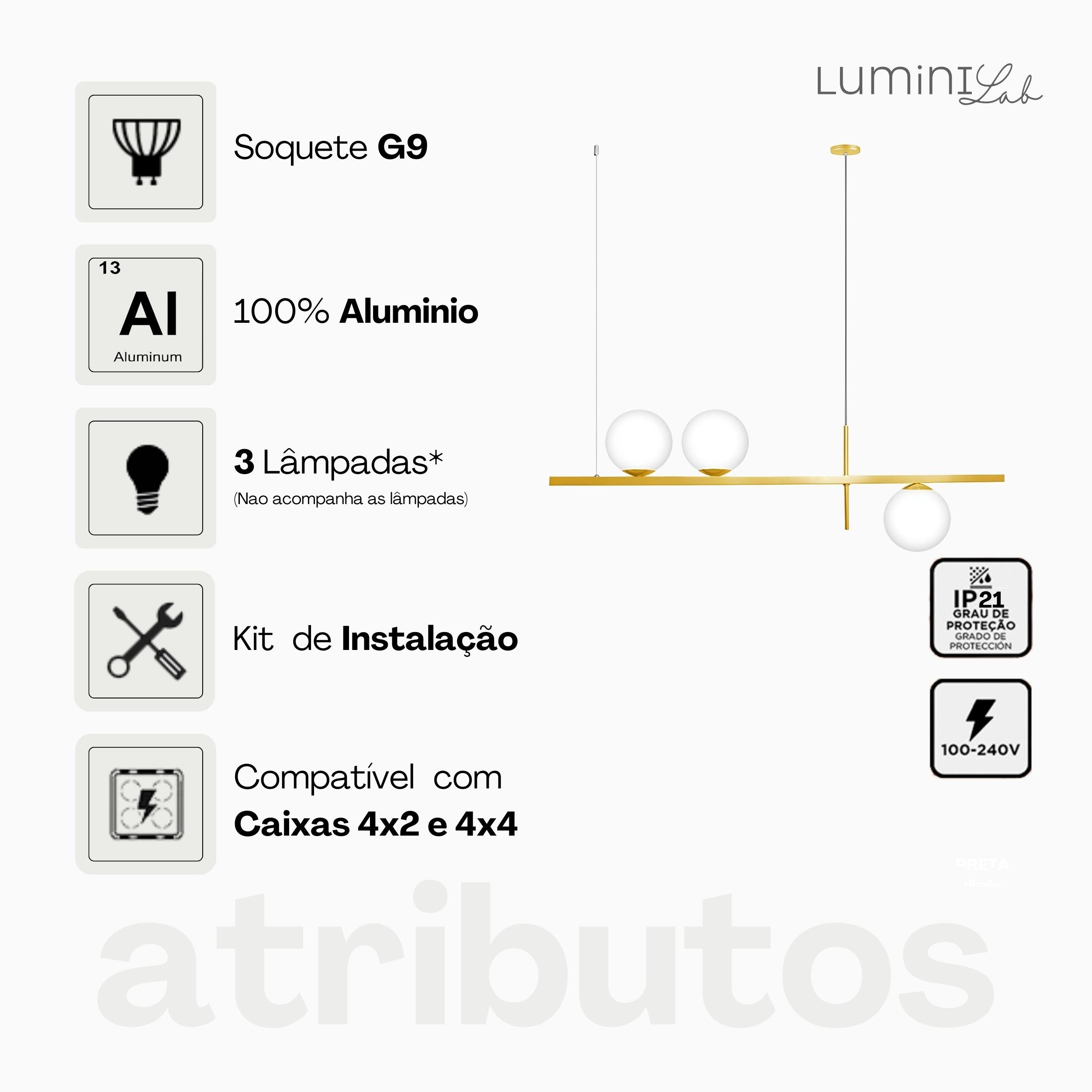 Pendente Linea Aluminio Teto Cabo 1 metro 3 Luzes G9 D12 Bivolt Lumini Lab