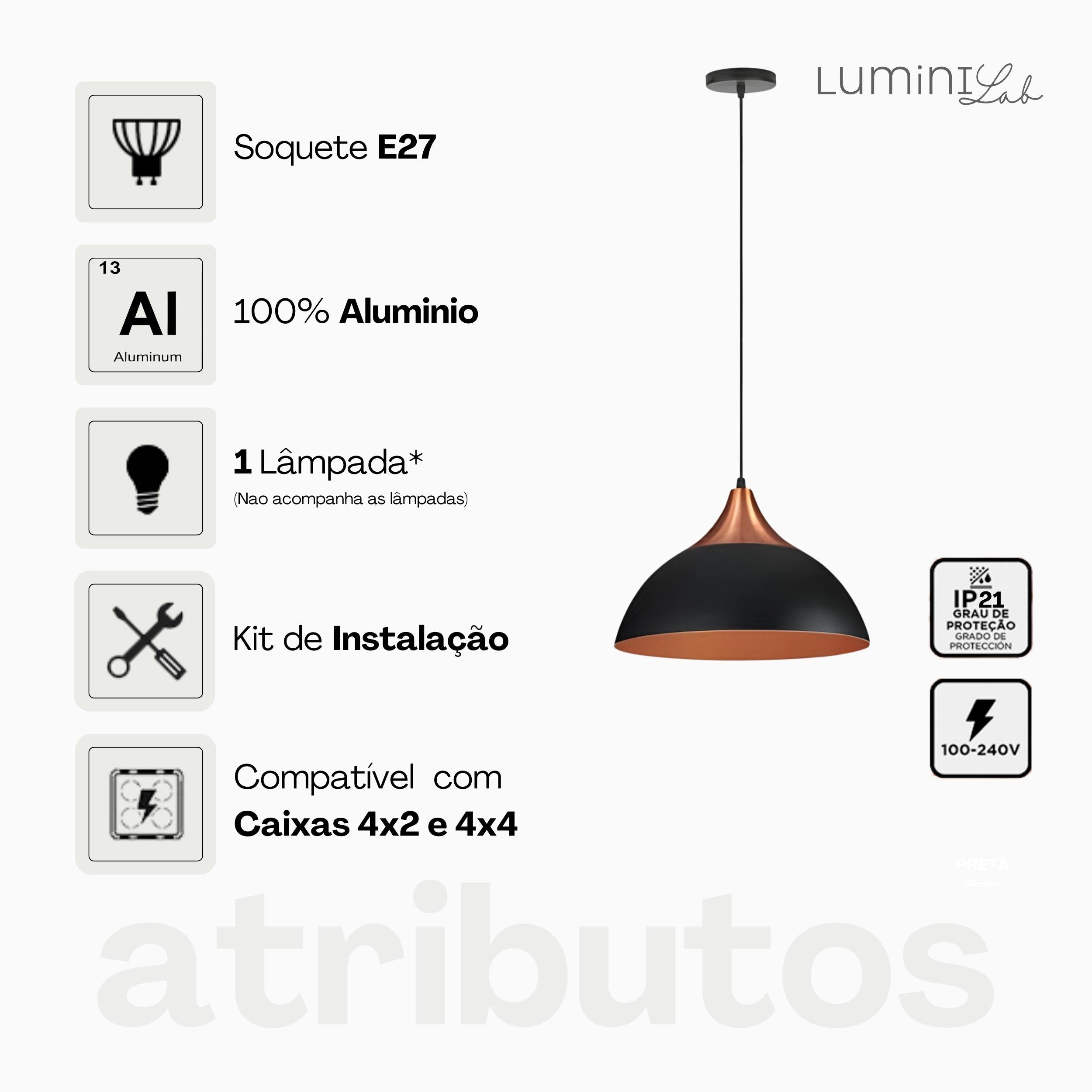 Pendente Cuba Aluminio Teto E27 1 Luz Lumini Lab