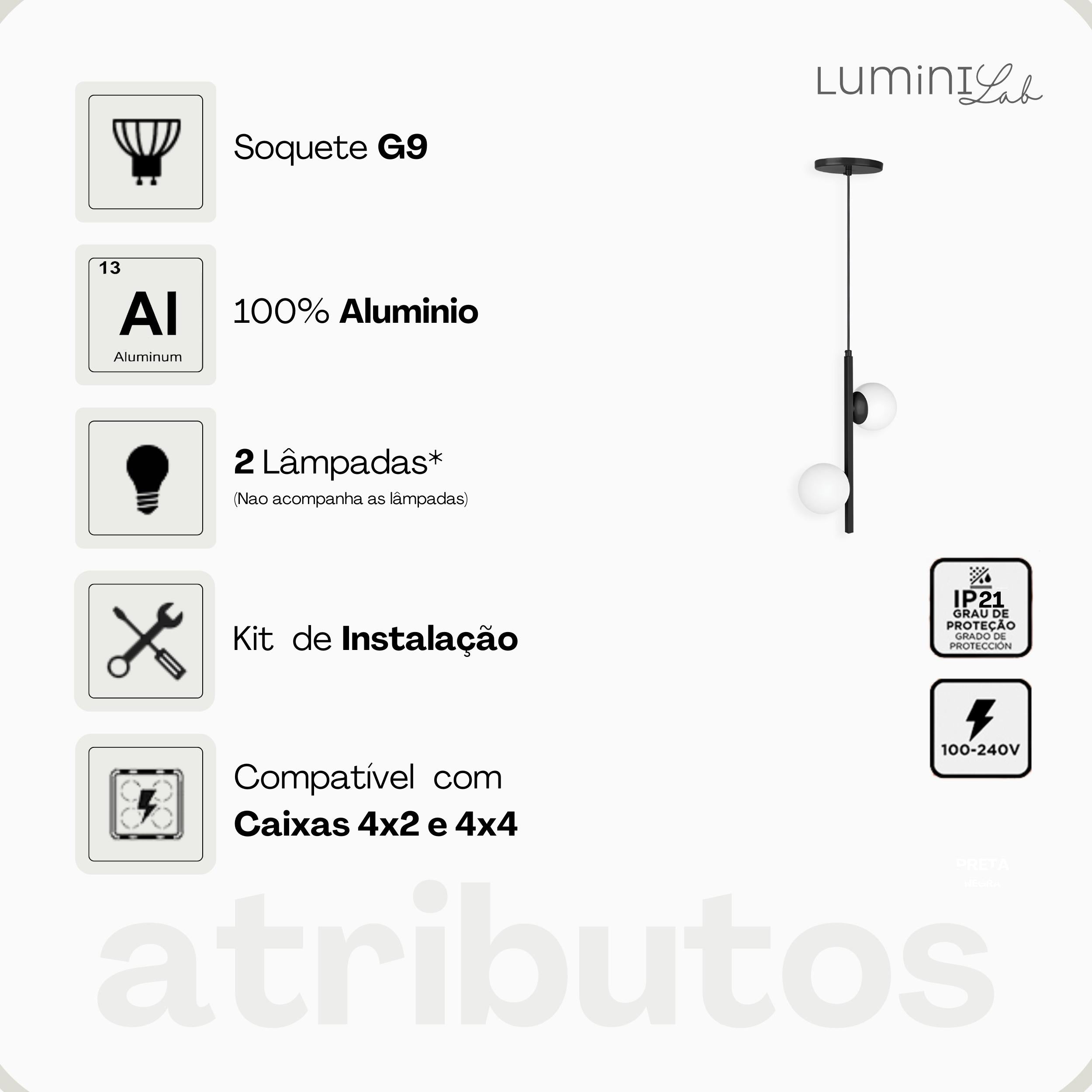 Pendente Bahrein Aluminio Teto Cabo 1 metro 2 Luzes G9 D12 Bivolt Lumini Lab