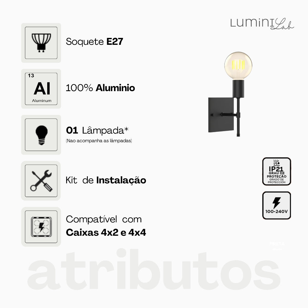 Arandela Chill Aluminio Parede 1 Luz E27 Bivolt Lumini Lab