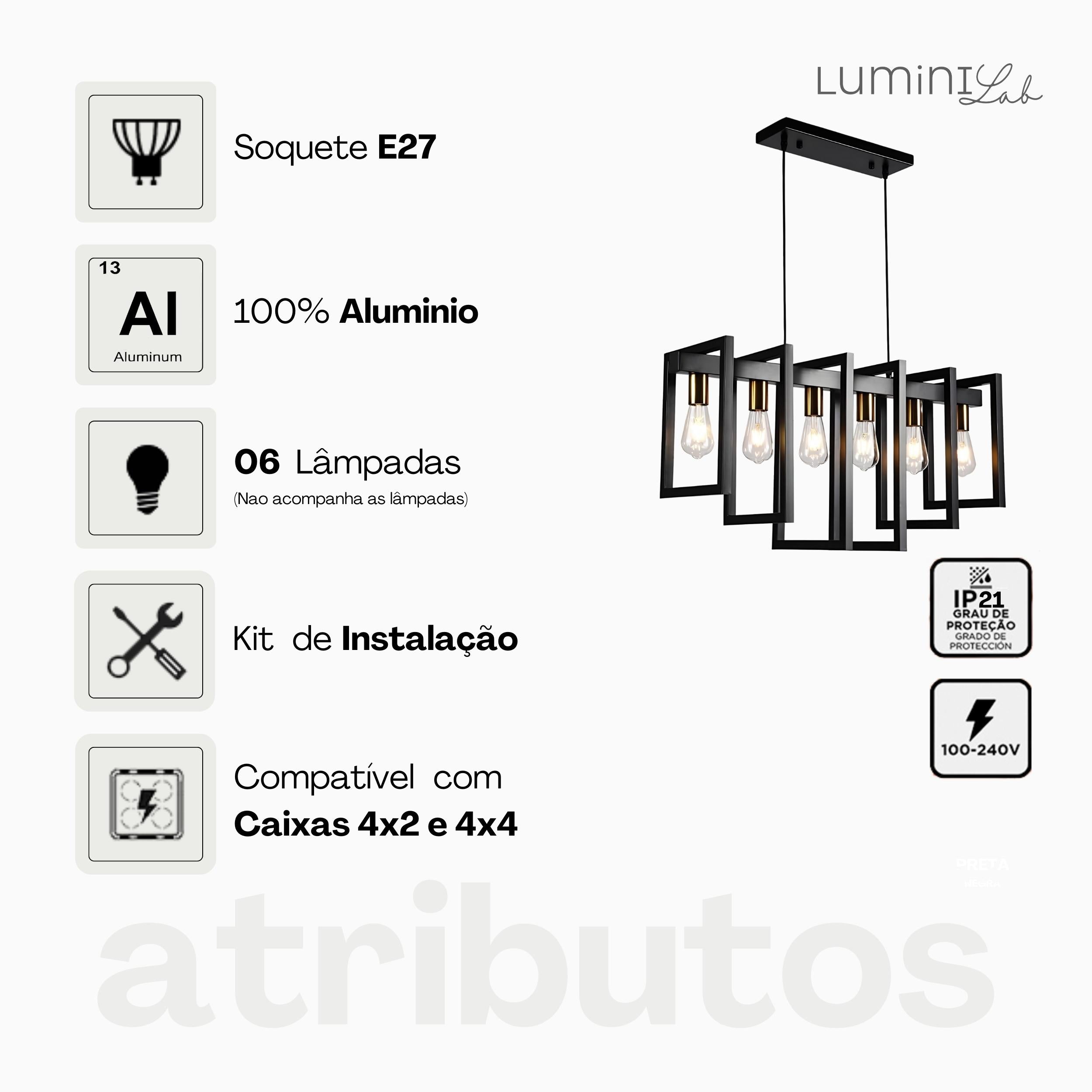 Pendente Polônia Aluminio 6 Luzes E27 Bivolt Lumini Lab
