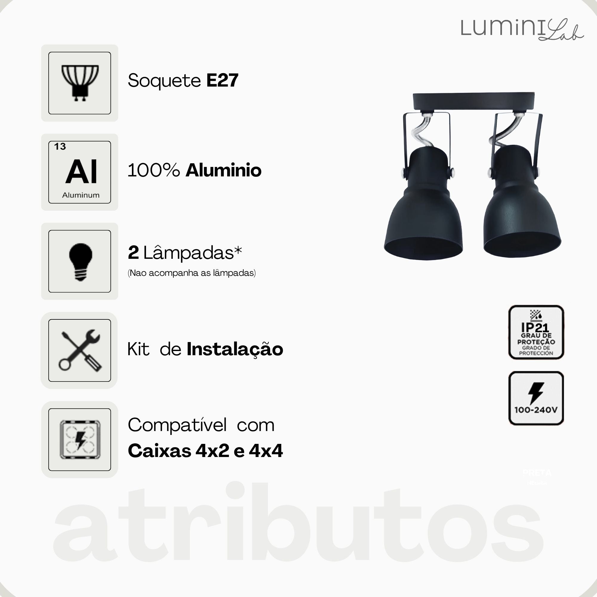 Spot Trilho Popular Aluminio Teto 2 Luzes E27 Bivolt Lumini Lab