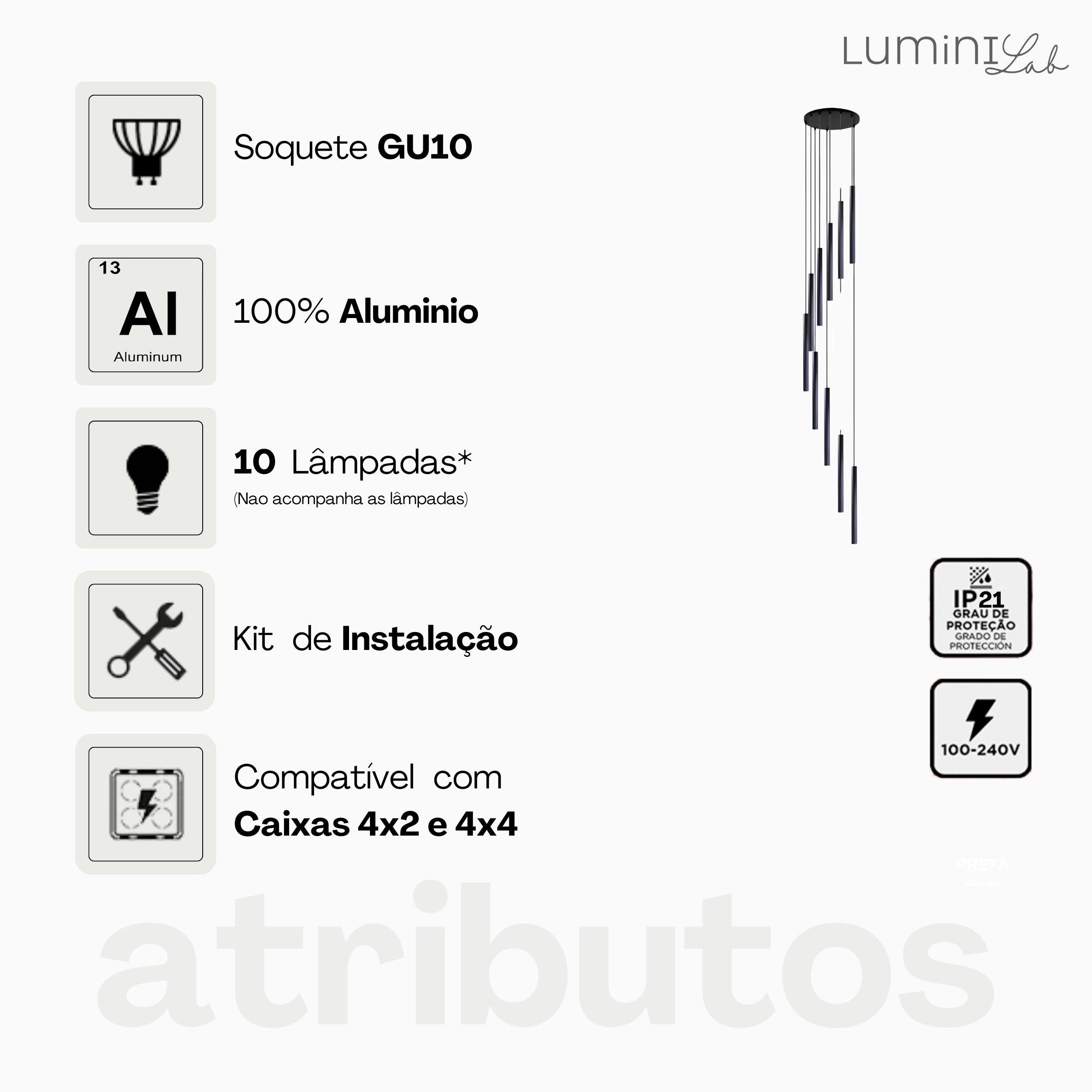 Pendente Arcana Aluminio Teto Cabo 1 metro 10 Luzes GU10 Bivolt Lumini Lab