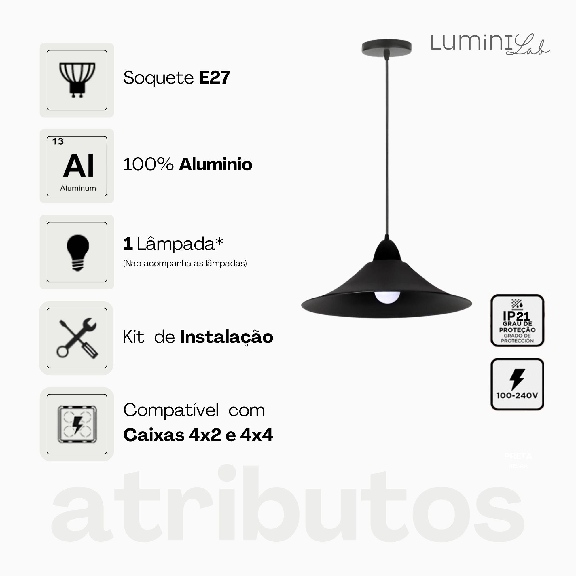 Pendente Bahrein Aluminio Teto E27 1 Luz Lumini Lab