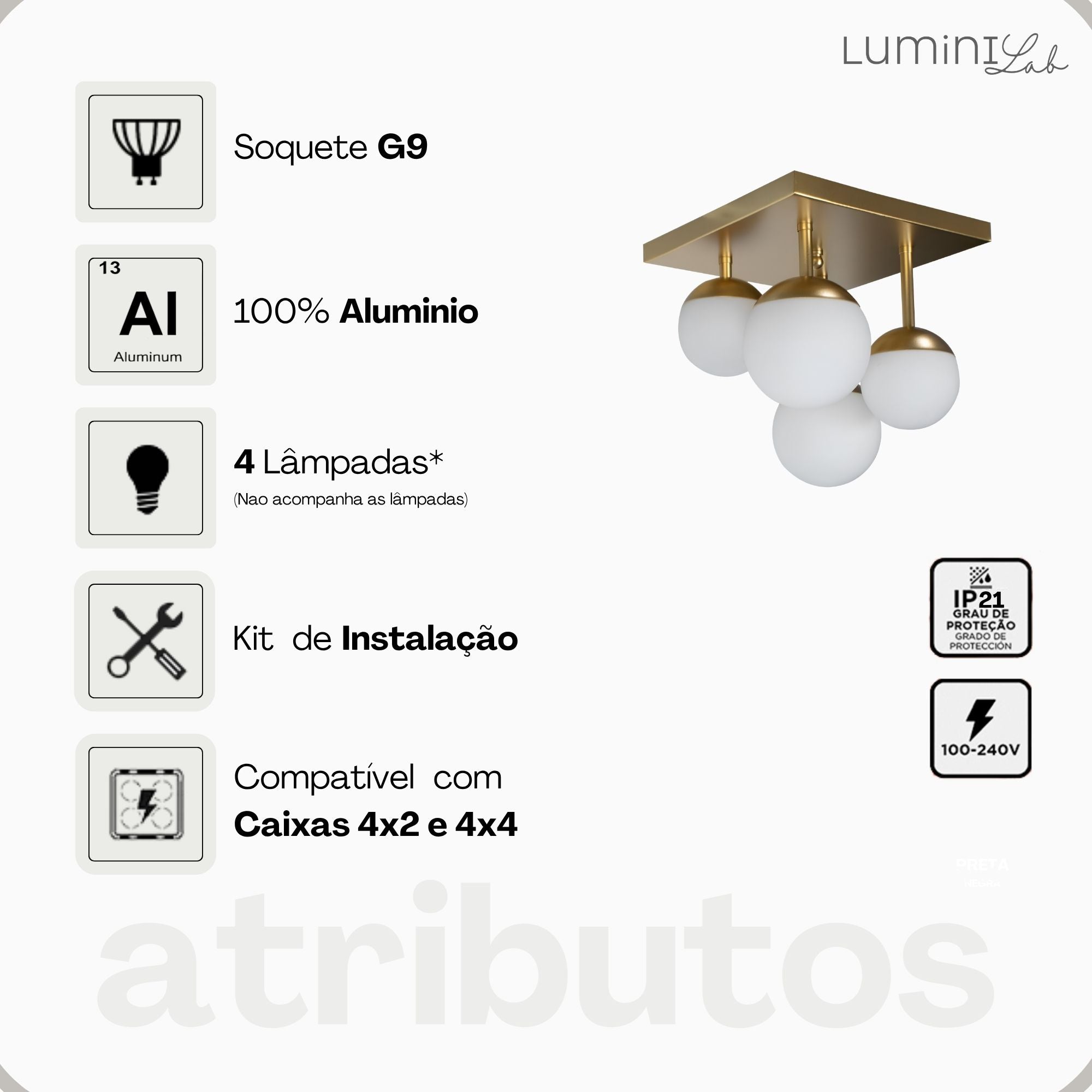 Plafon Jabuticaba Aluminio Teto 4 Luzes G9 D12 Bivolt Lumini Lab