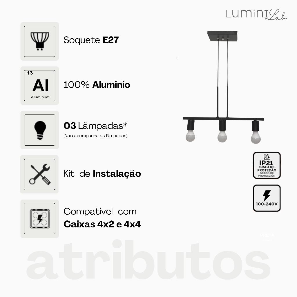 Pendente Rubis Aluminio Teto E27 3 Luzes Lumini Lab
