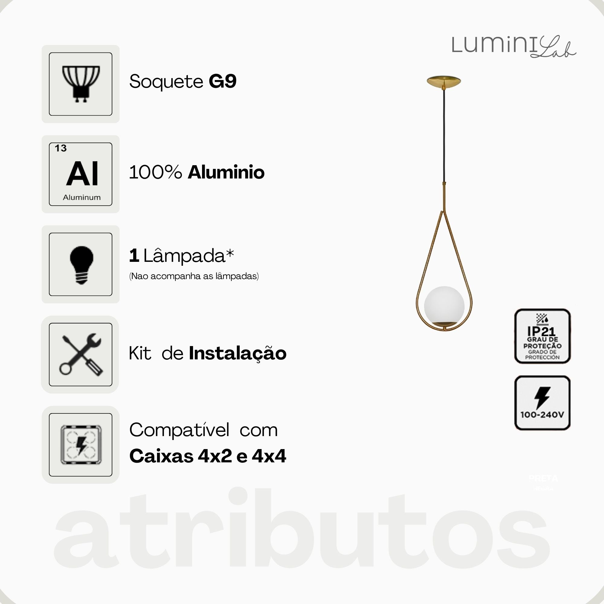Pendente Gota Aluminio Teto Cabo 1 metro 1 Luz G9 D15 Bivolt Lumini Lab