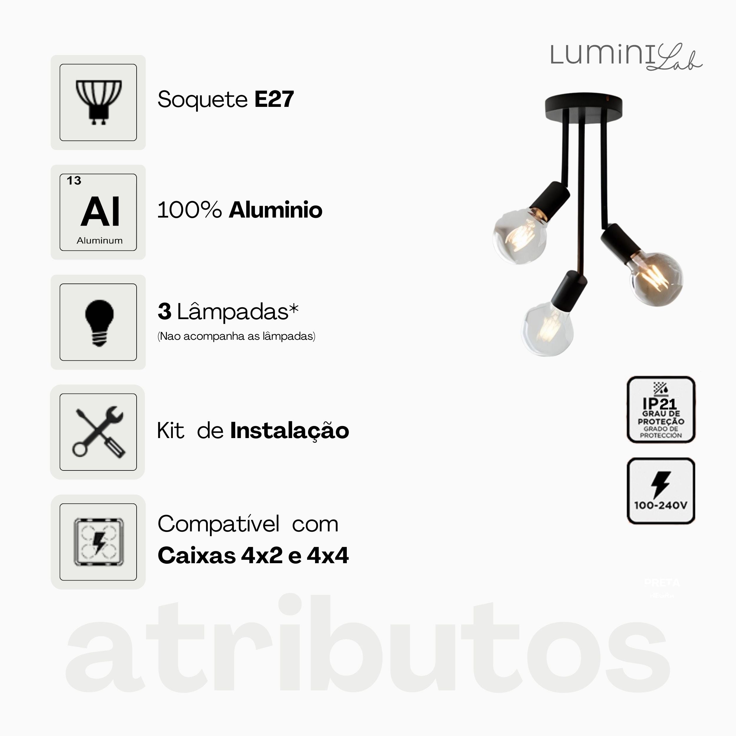 Plafon Koppla Aluminio Teto 3 Luzes E27 Bivolt Lumini Lab