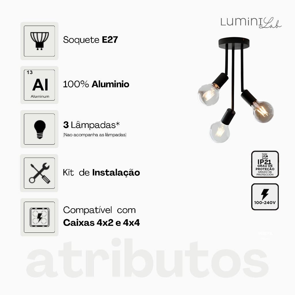 Plafon Koppla Aluminio Teto 3 Luzes E27 Bivolt Lumini Lab