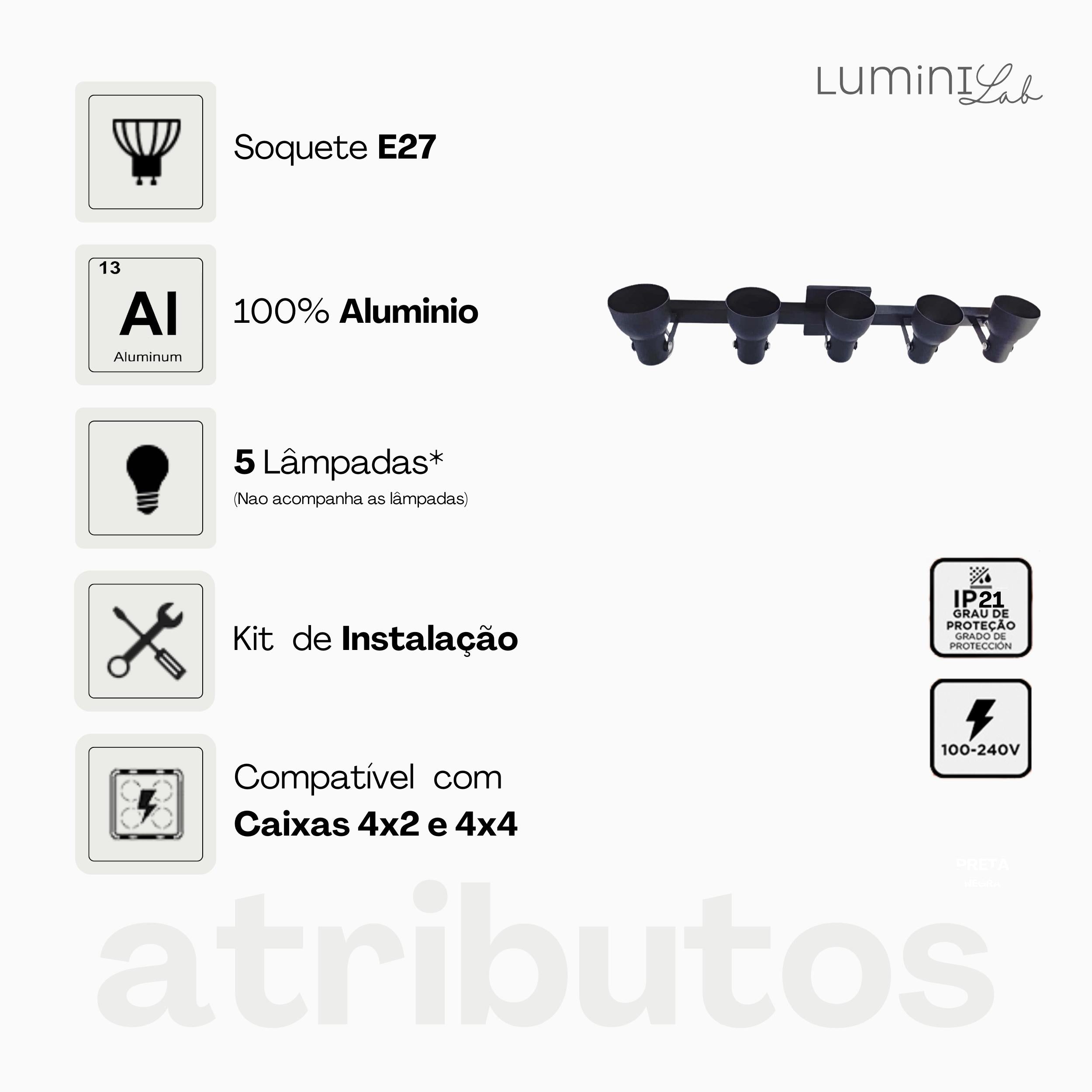 Spot Trilho Popular Aluminio Teto 5 Luzes E27 Bivolt Lumini Lab
