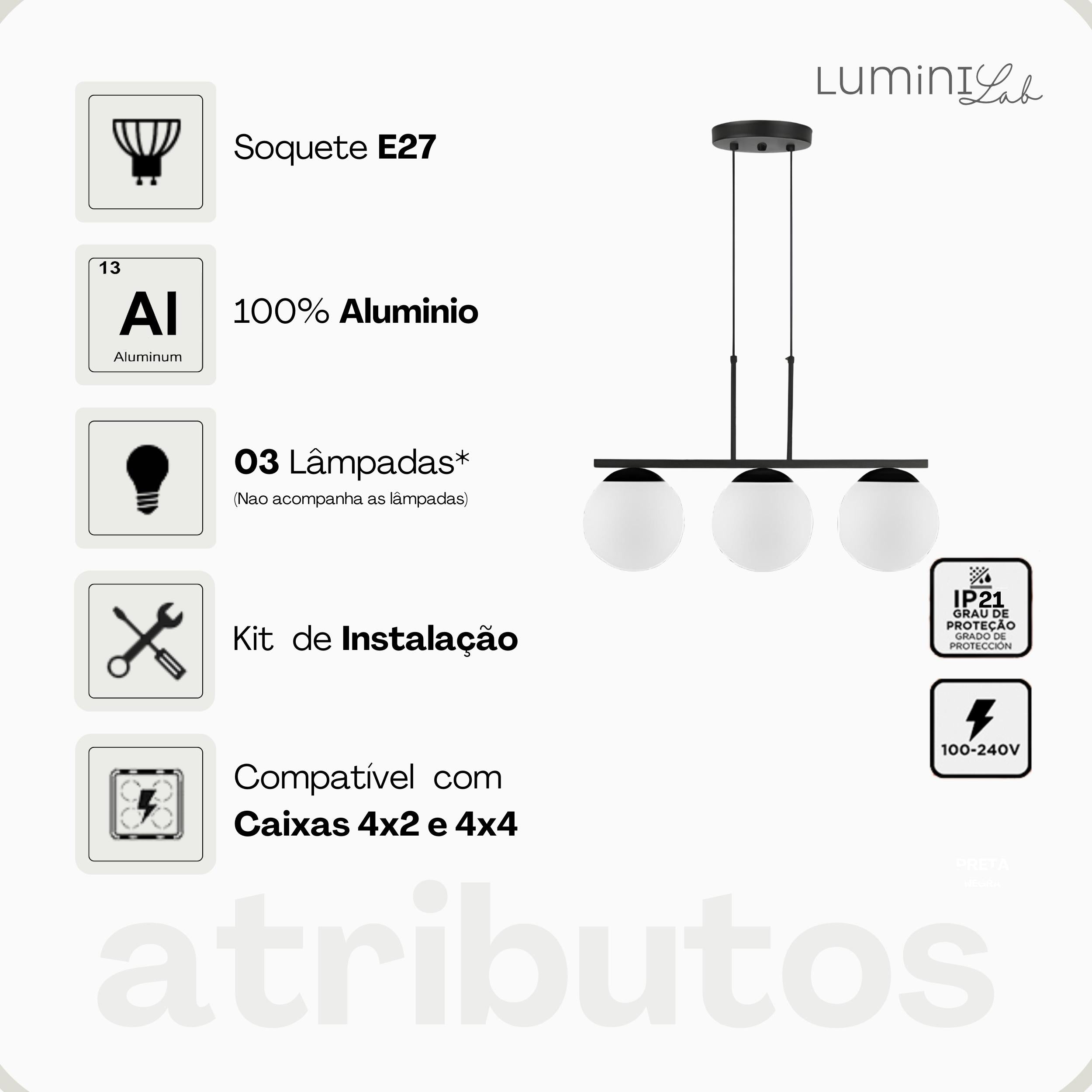 Pendente Hanover Aluminio D15 Teto E27 3 Luzes Lumini Lab