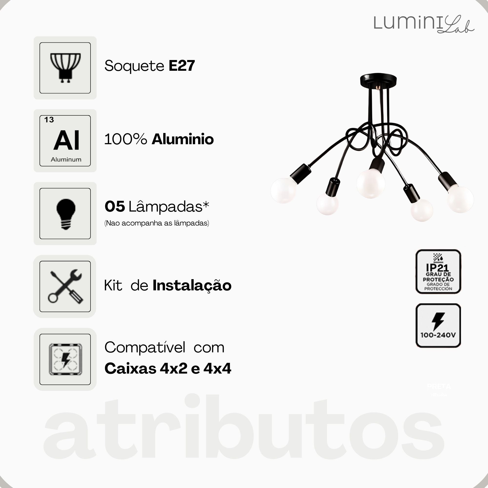 Plafon Laço Aluminio Teto E27 5 Luzes Lumini Lab
