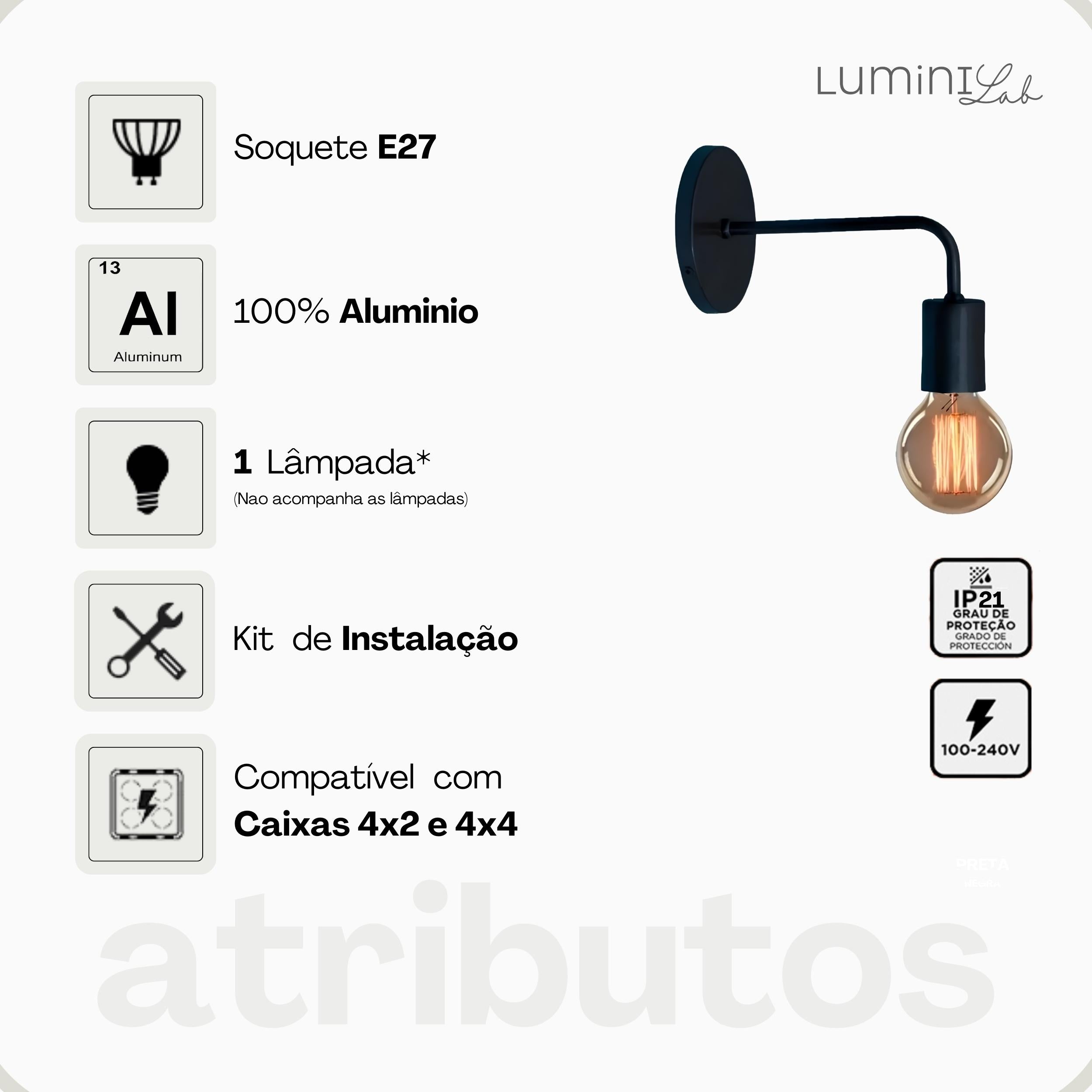 Arandela Hanover Aluminio Parede 1 Luz E27 Bivolt Lumini Lab