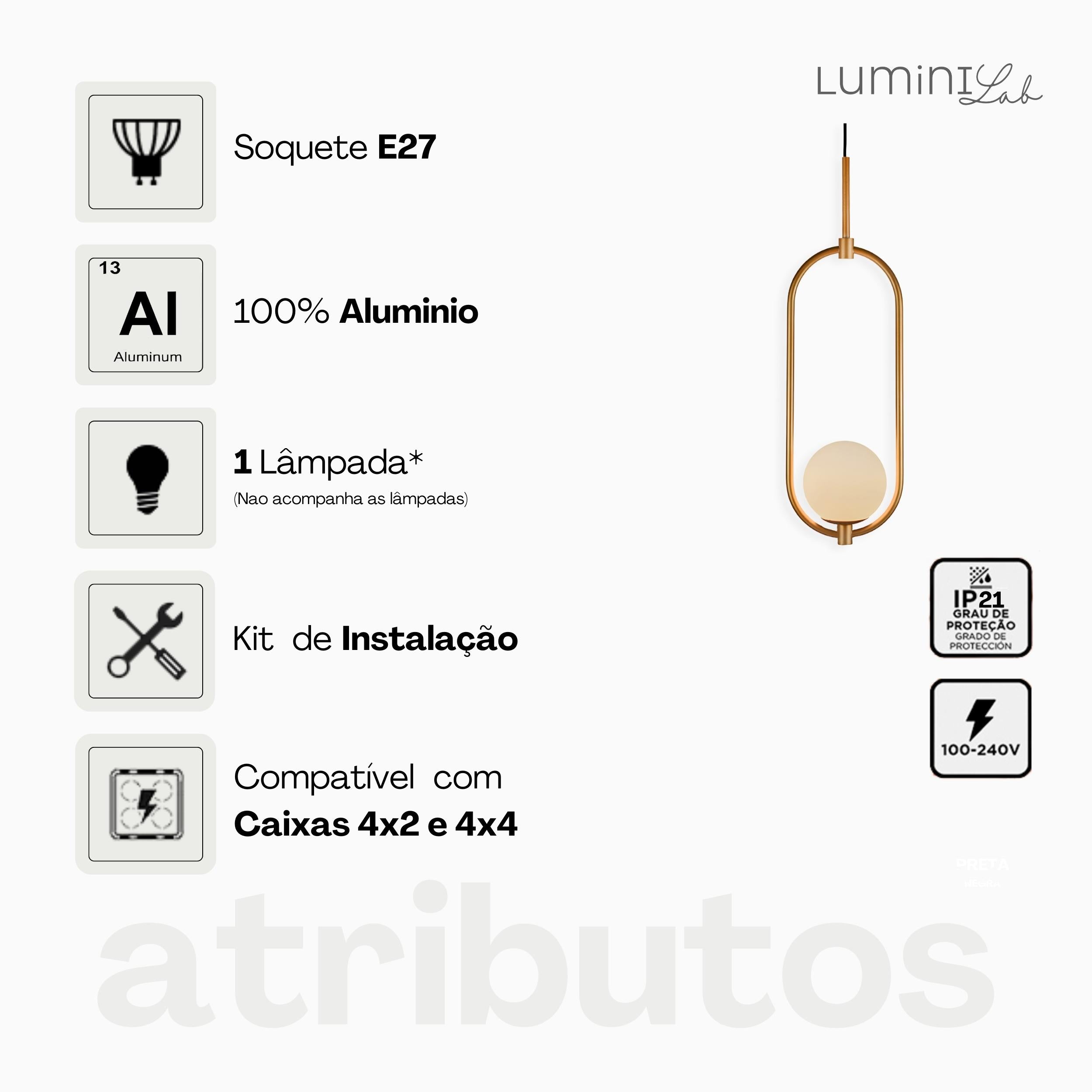 Pendente Arco Aluminio D12 Teto G9 1 Luz Lumini Lab