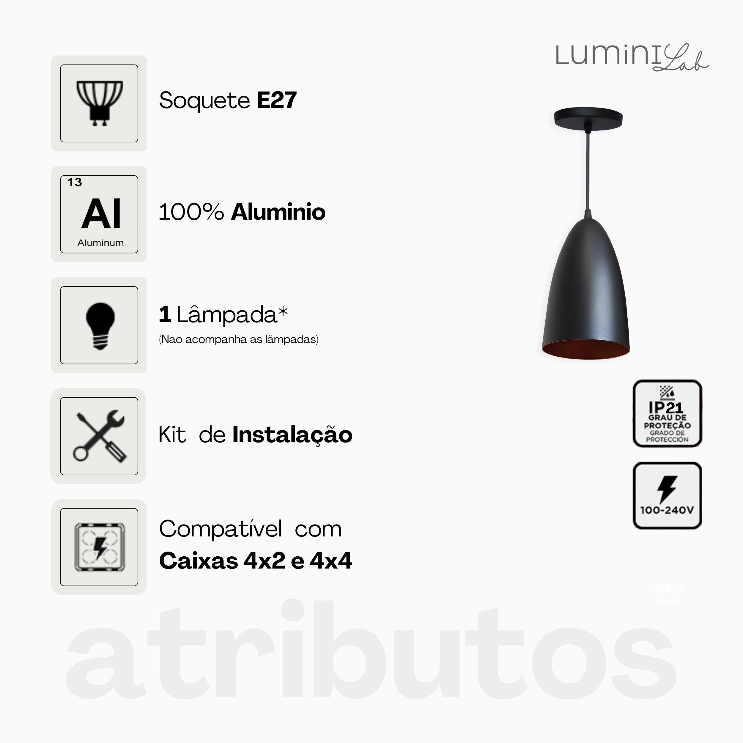 Pendente Bala Aluminio Teto E27 1 Luz Lumini Lab