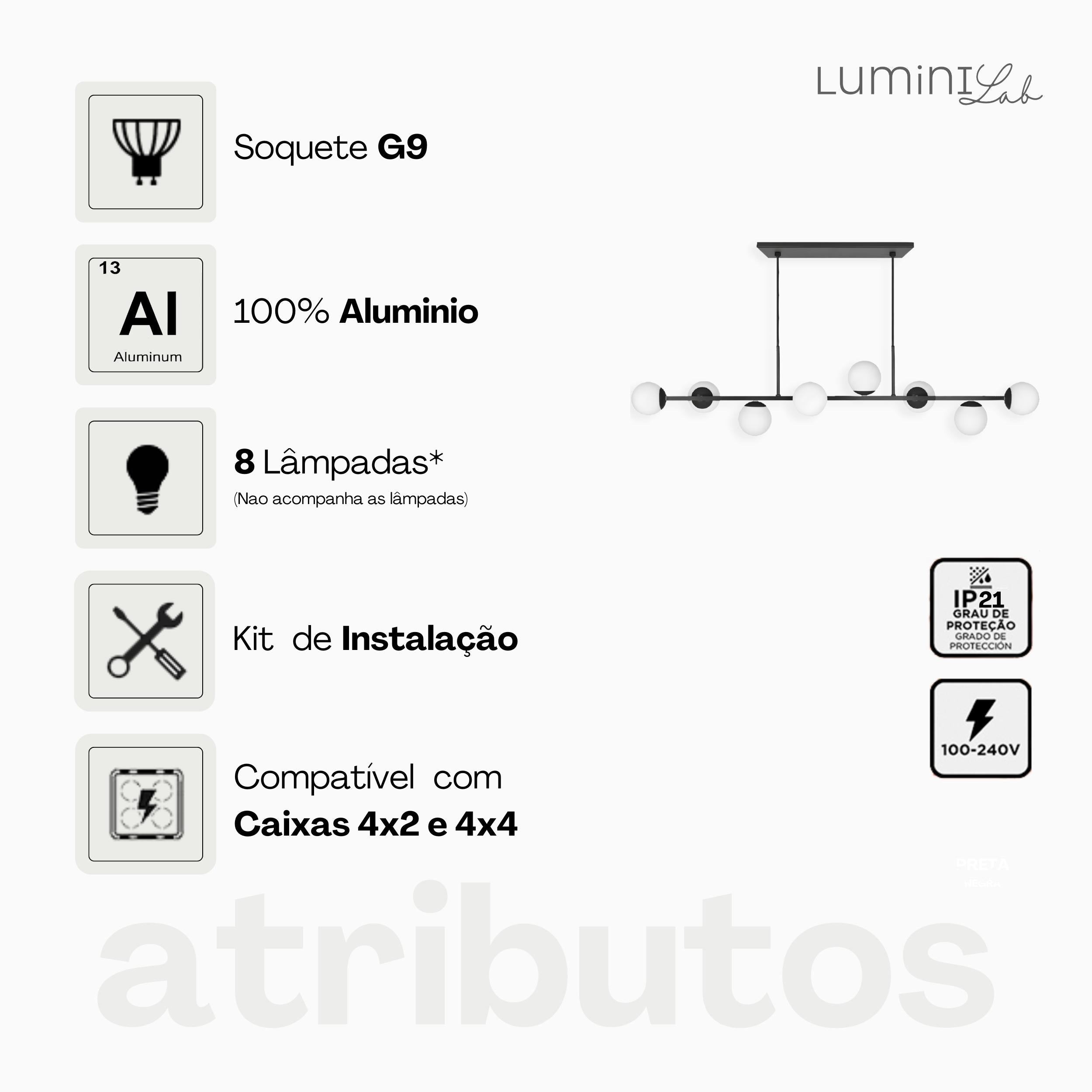 Pendente Bahrein Aluminio D12 Teto G9 8 Luzes Lumini Lab