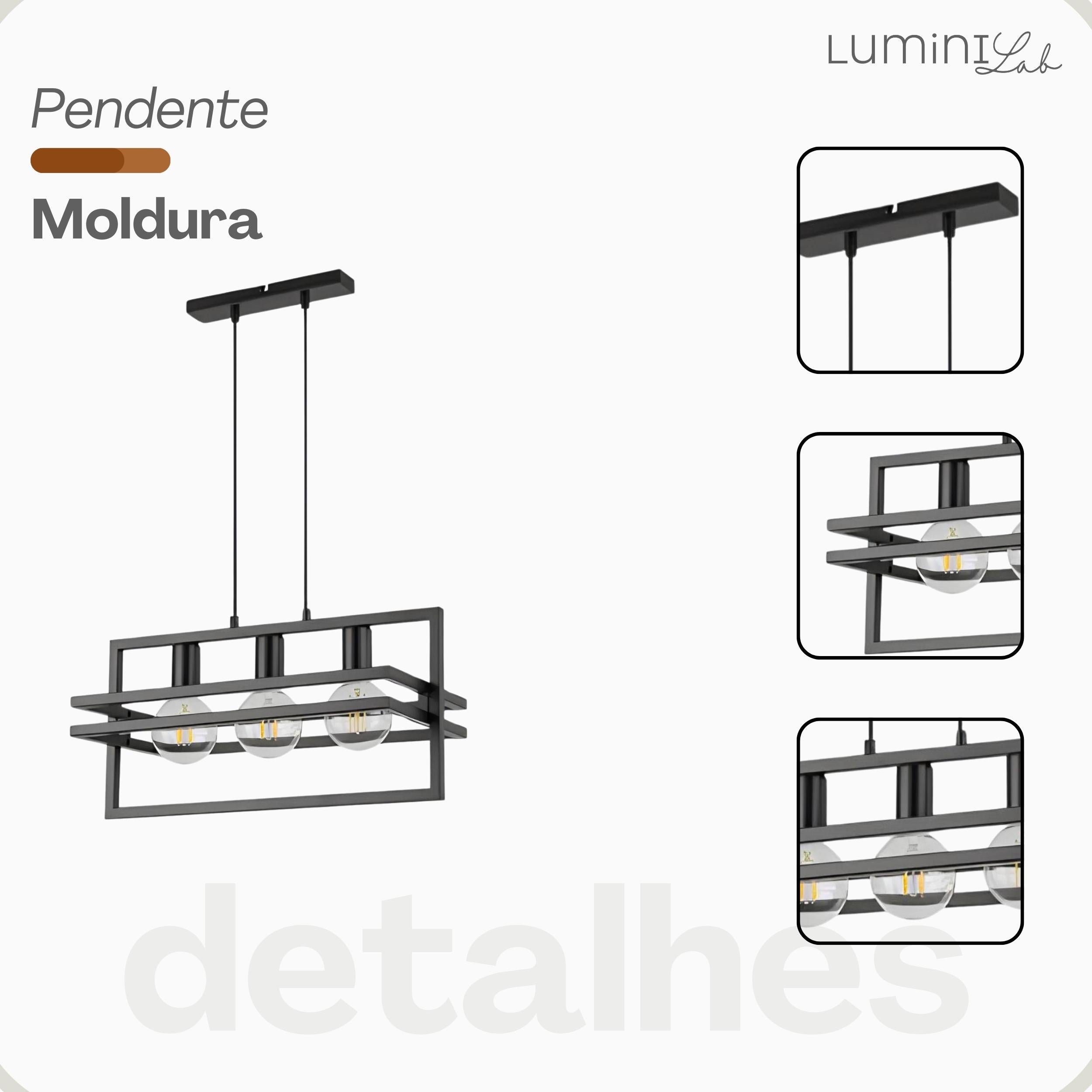 Pendente Moldura Aluminio Teto Cabo 1 metro 3 Luzes E27 Bivolt Lumini Lab