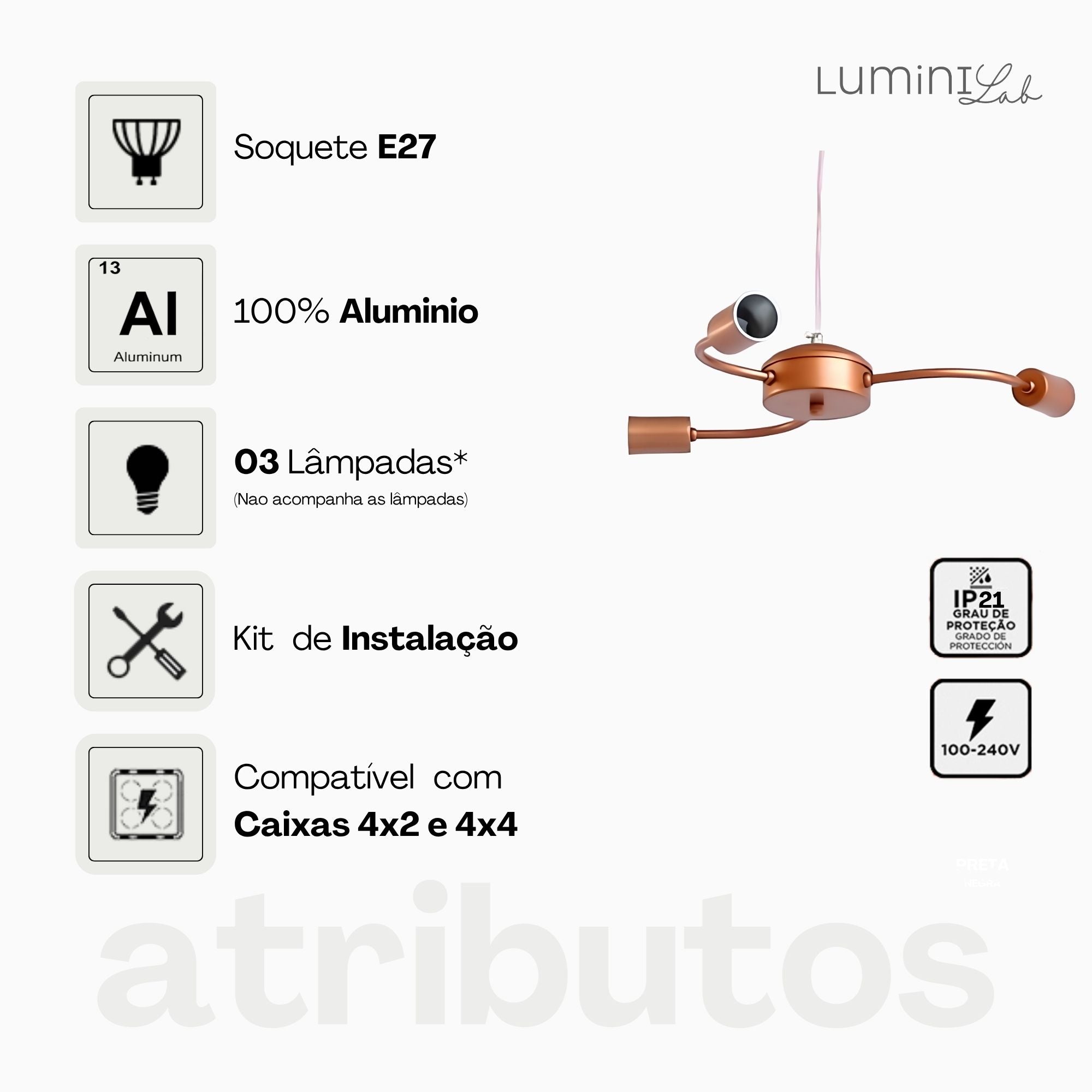Pendente Master Aluminio Teto Cabo 1 metro 3 Luzes E27 Bivolt Lumini Lab