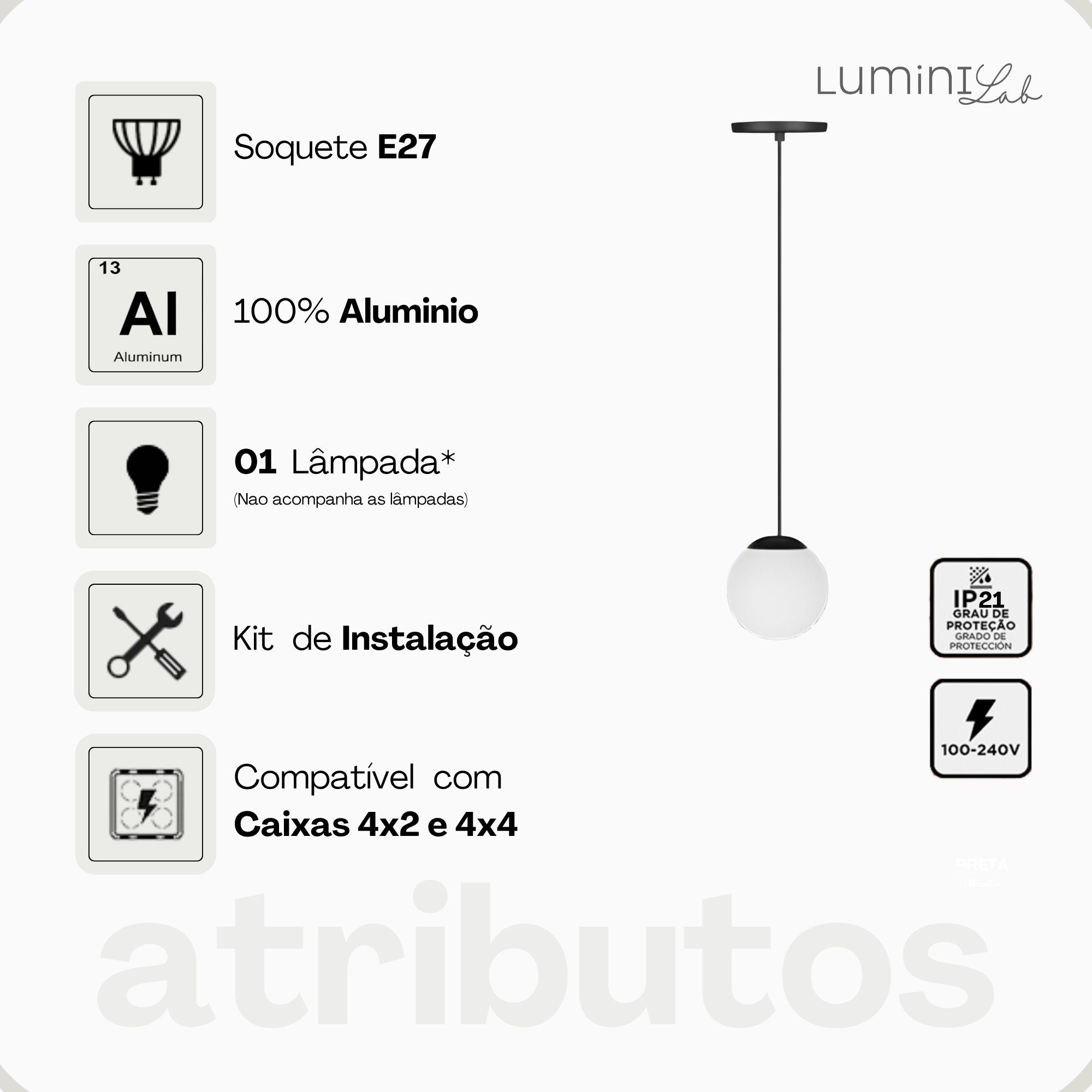 Pendente Hanover Aluminio D15 Teto E27 1 Luz Lumini Lab