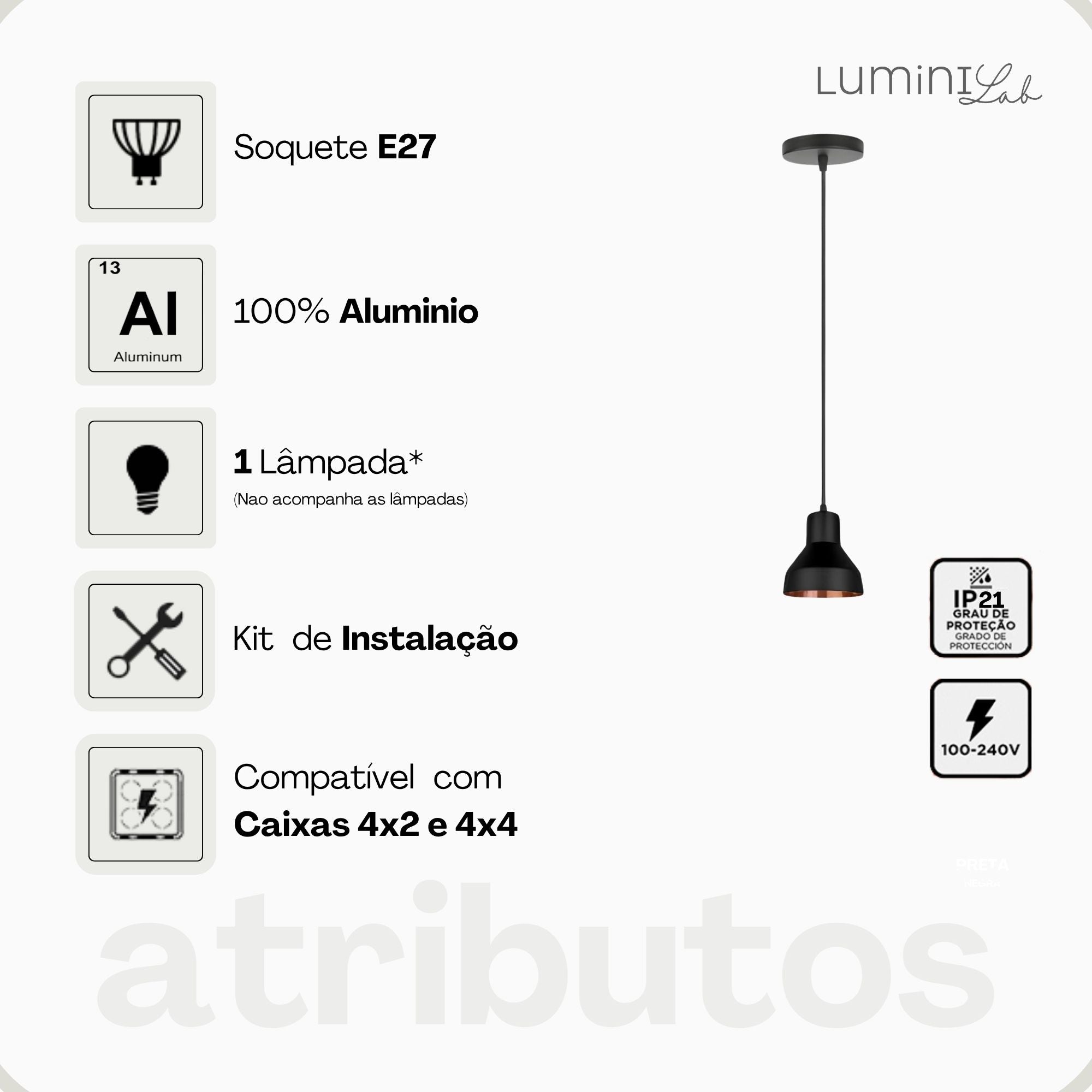 Pendente Sino Aluminio Teto E27 1 Luz Lumini Lab