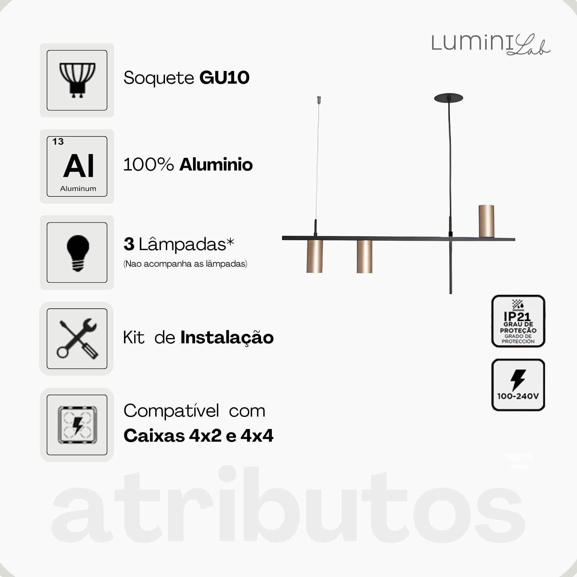 Pendente Livina Aluminio Teto Cabo 1 metro 3 Luzes GU10 Bivolt Lumini Lab