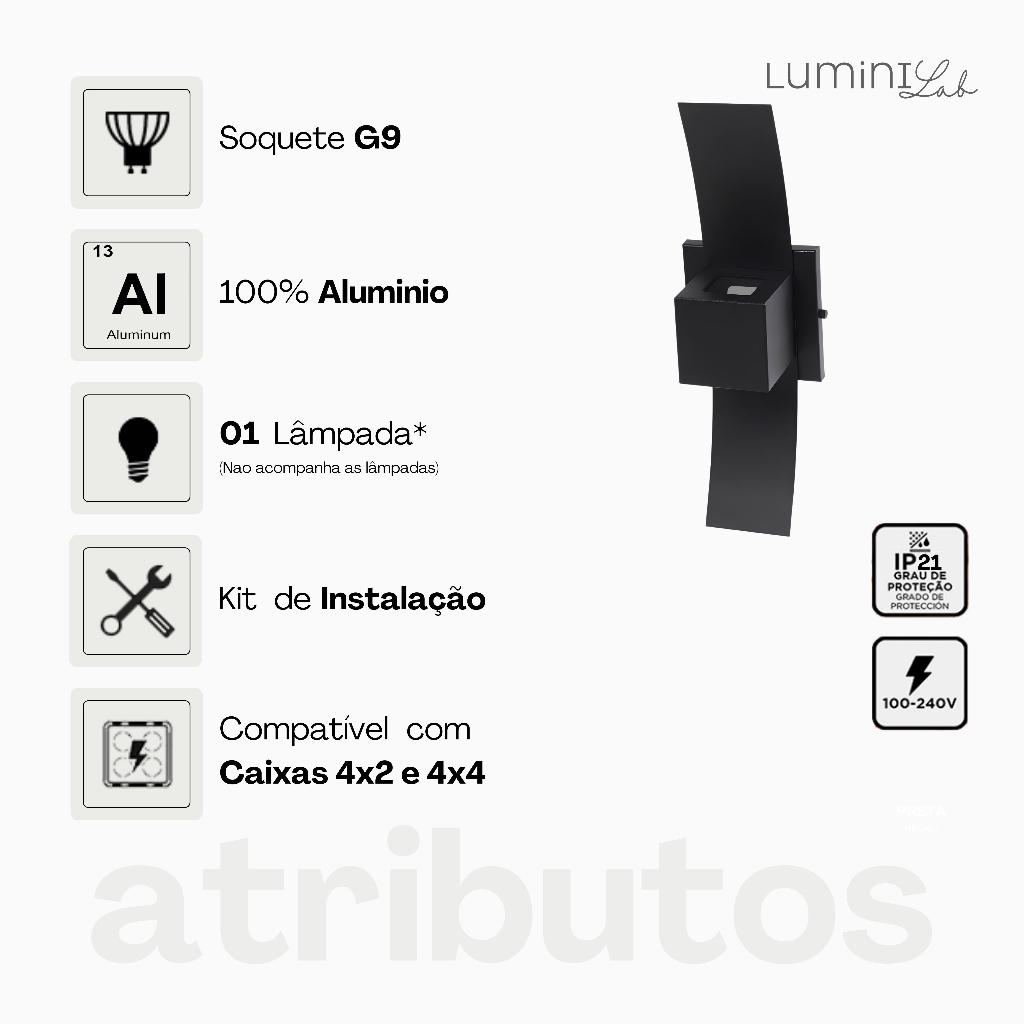 Arandela Box com Aba Aluminio 2 Fachos Parede 1 Luz G9 Bivolt Lumini Lab