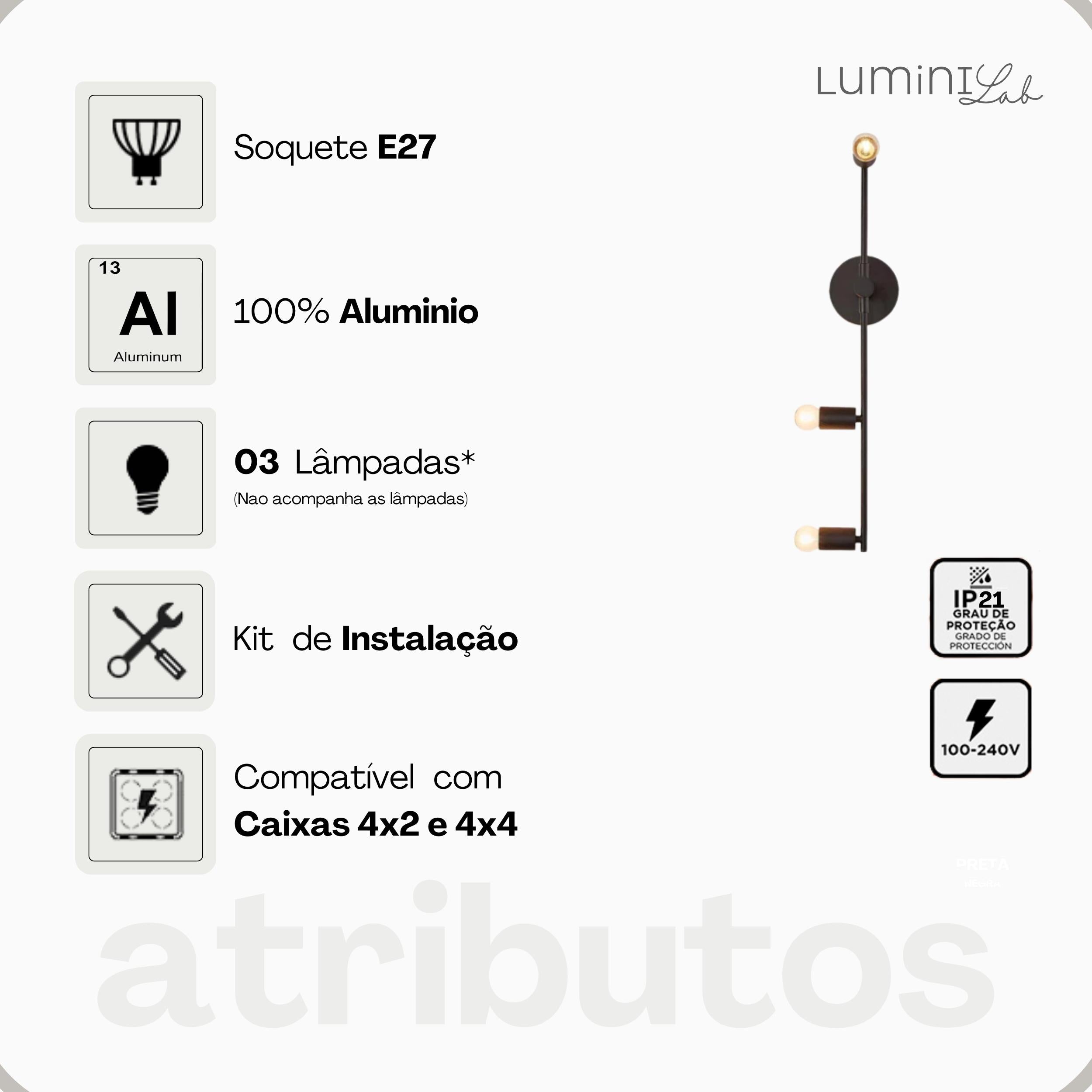 Arandela Chill Aluminio Parede 3 Luzes E27 Bivolt Lumini Lab