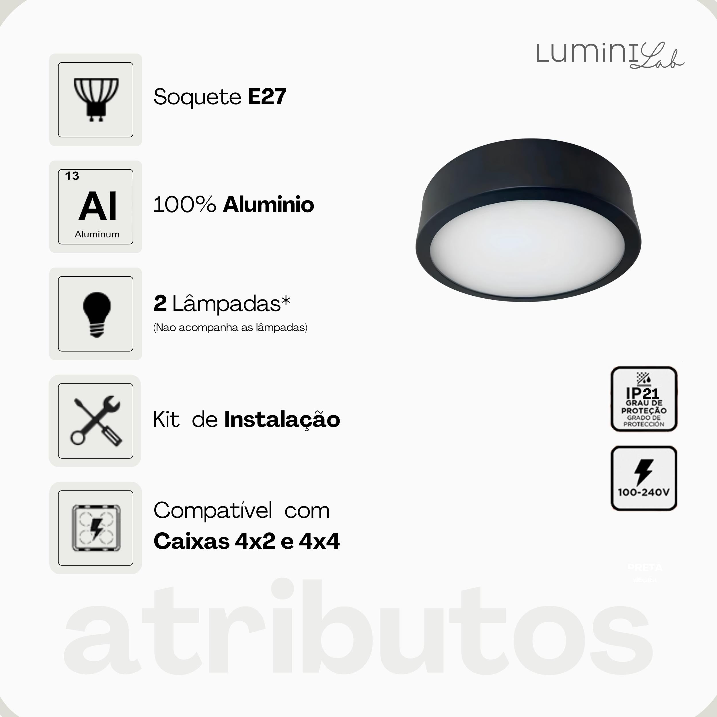 Plafon D250 Aluminio Teto E27 2 Luzes Lumini Lab