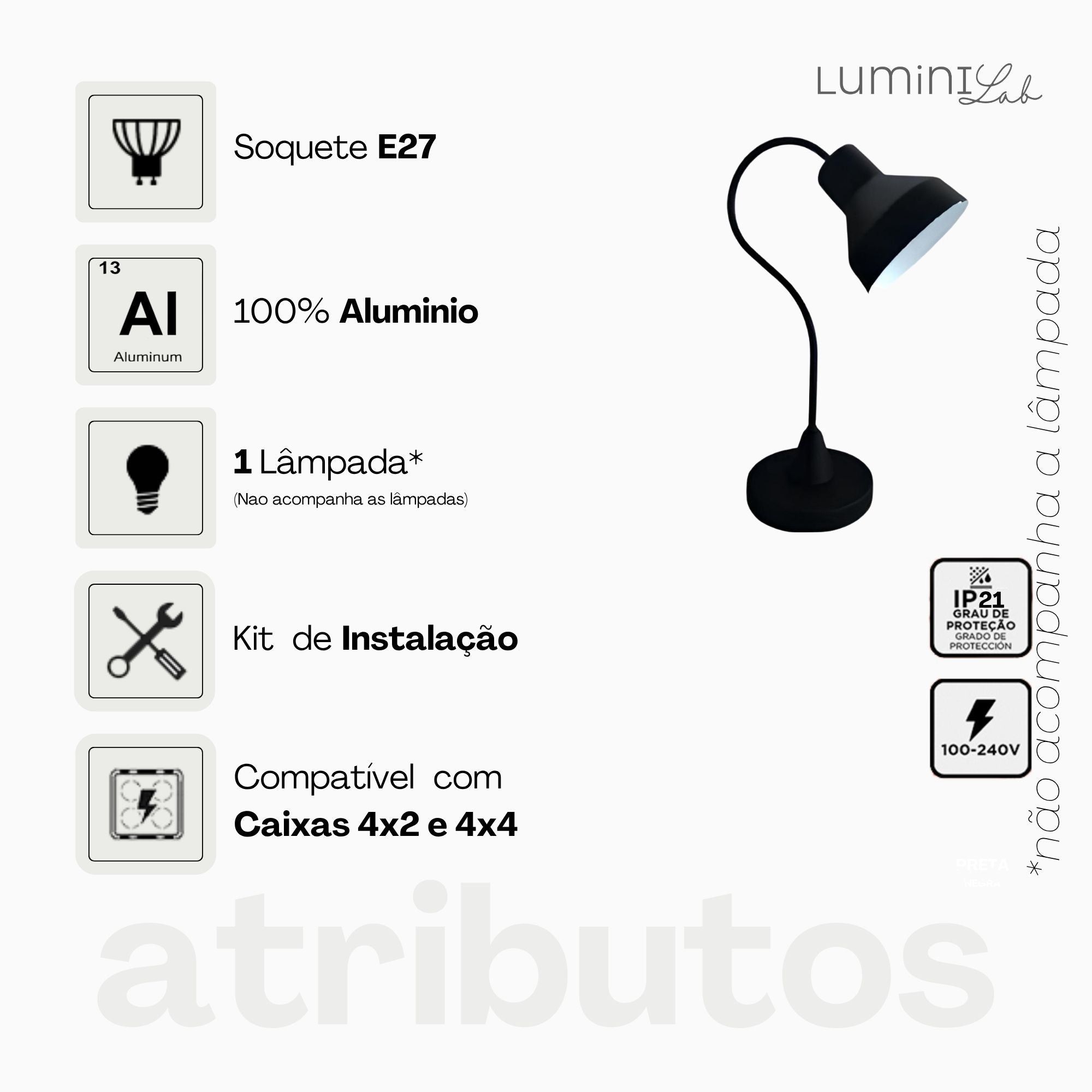 Luminaria de Mesa Viena Aluminio E27 1 Luz Fixa Lumini Lab