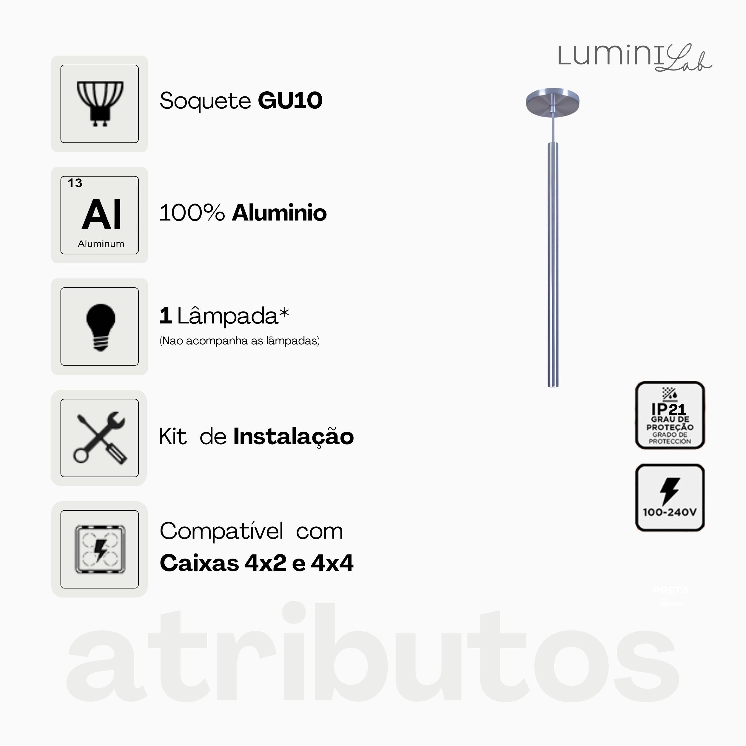 Pendente Tubinho Aluminio Teto Cabo 1 metro 1 Luz GU10 Bivolt Lumini Lab