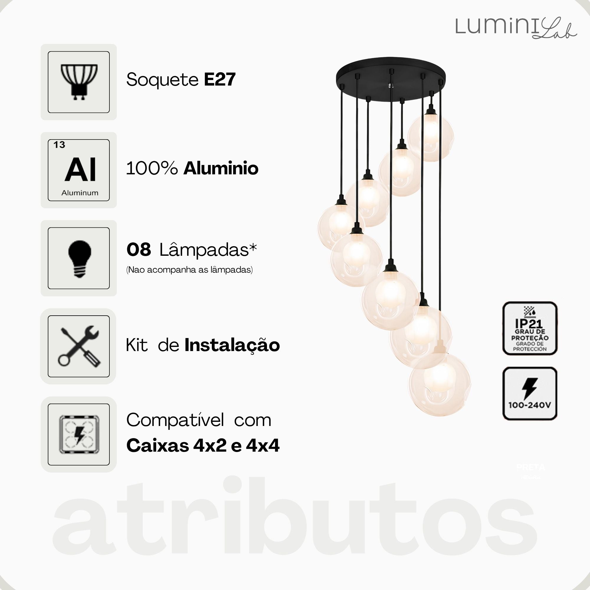 Pendente Arcana Aluminio Teto Cabo 1 metro 8 Luzes E27 Bivolt Lumini Lab