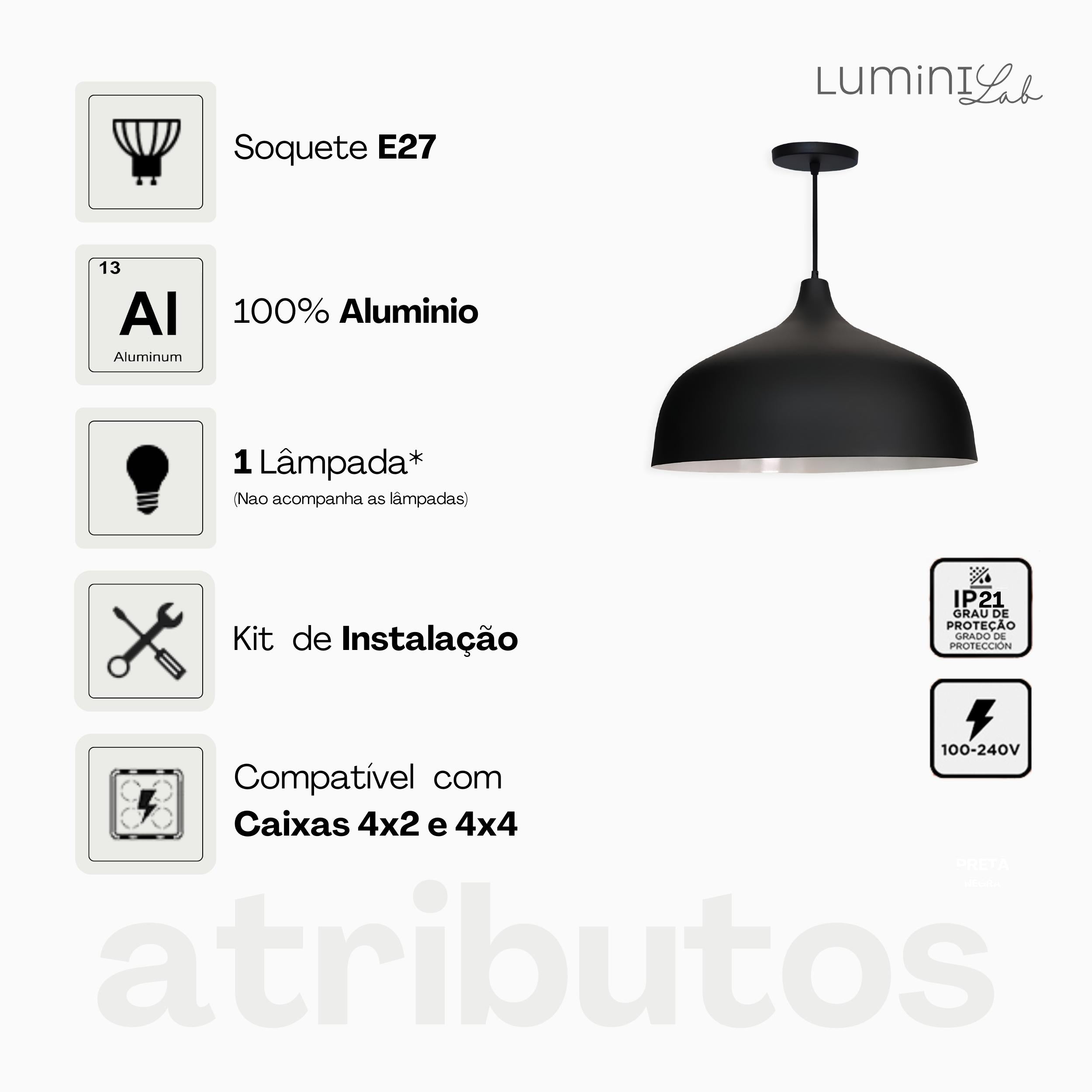 Pendente Aladim Aluminio Teto E27 1 Luz Lumini Lab