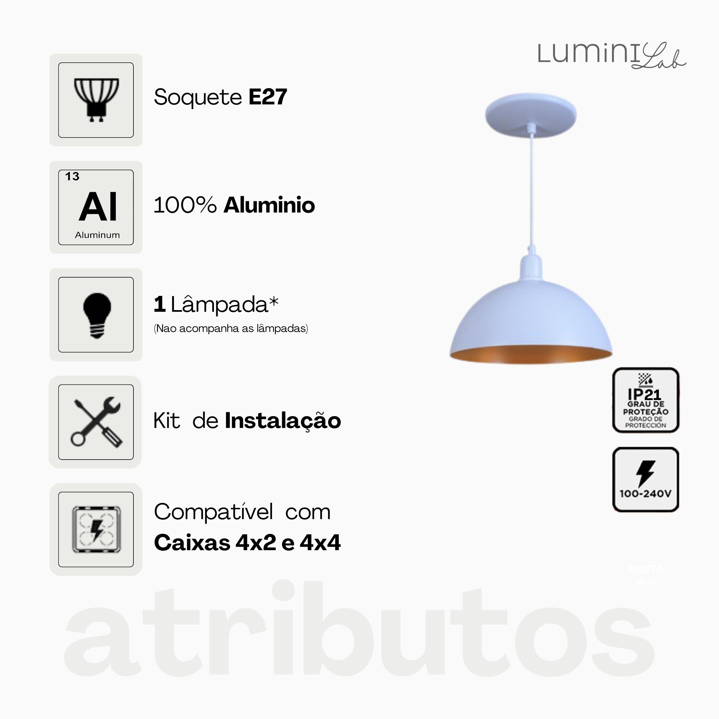 Pendente Meia Lua 24 Aluminio Teto Cabo 1 metro 1 Luz E27 Bivolt Lumini Lab