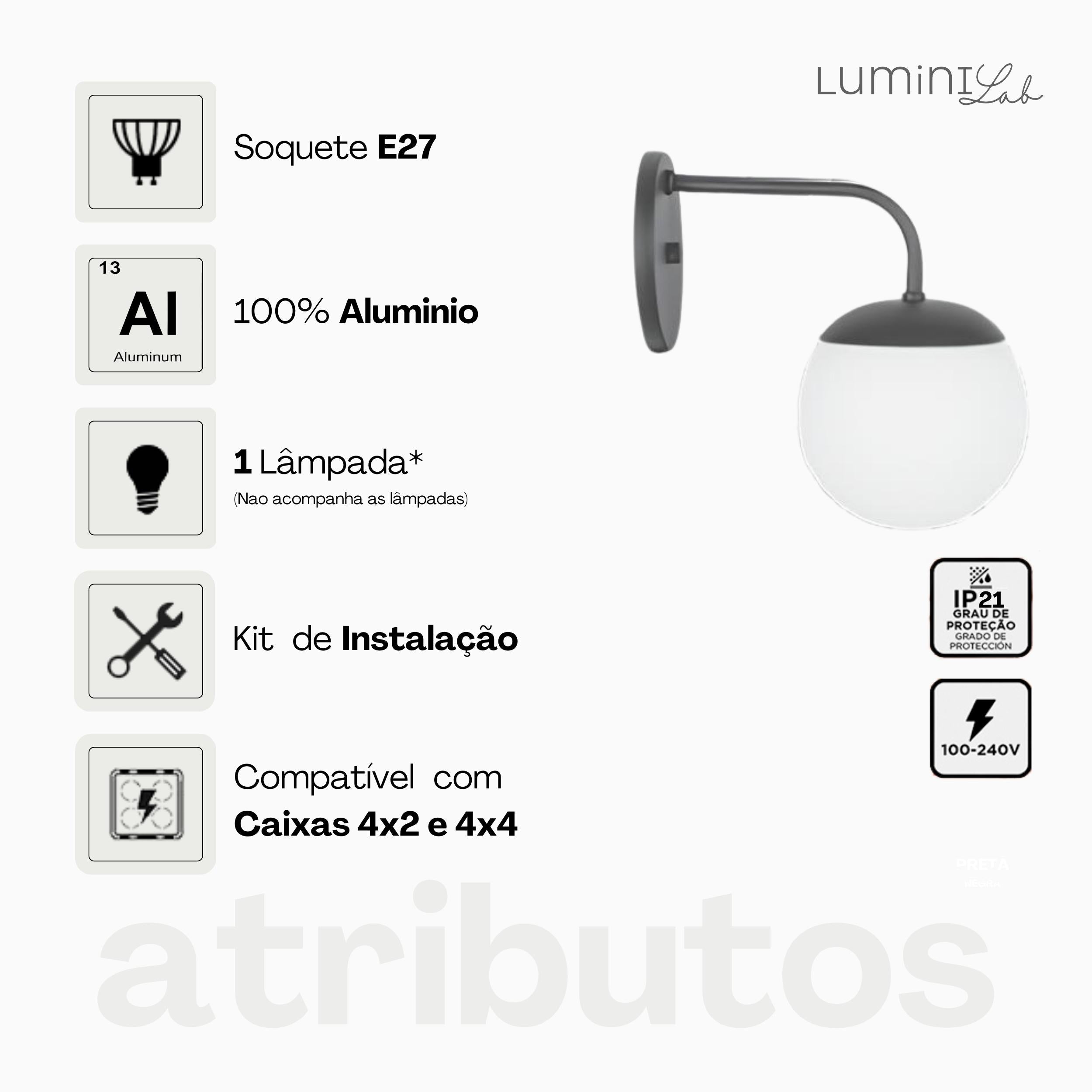 Arandela Hanover Aluminio D12 Parede G9 1 Luz Lumini Lab