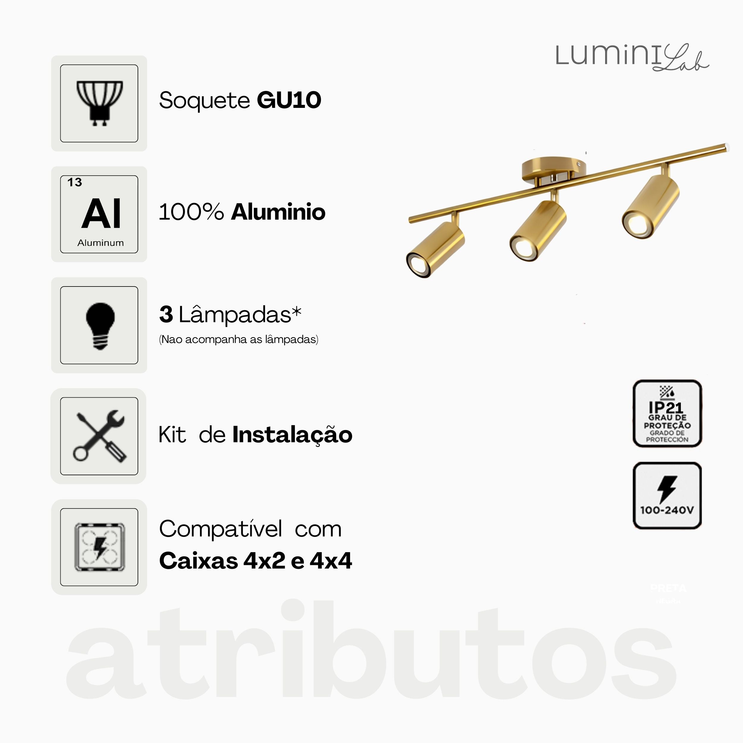 Spot Trilho Industrial Aluminio Teto 3 Luzes GU10 Bivolt Lumini Lab