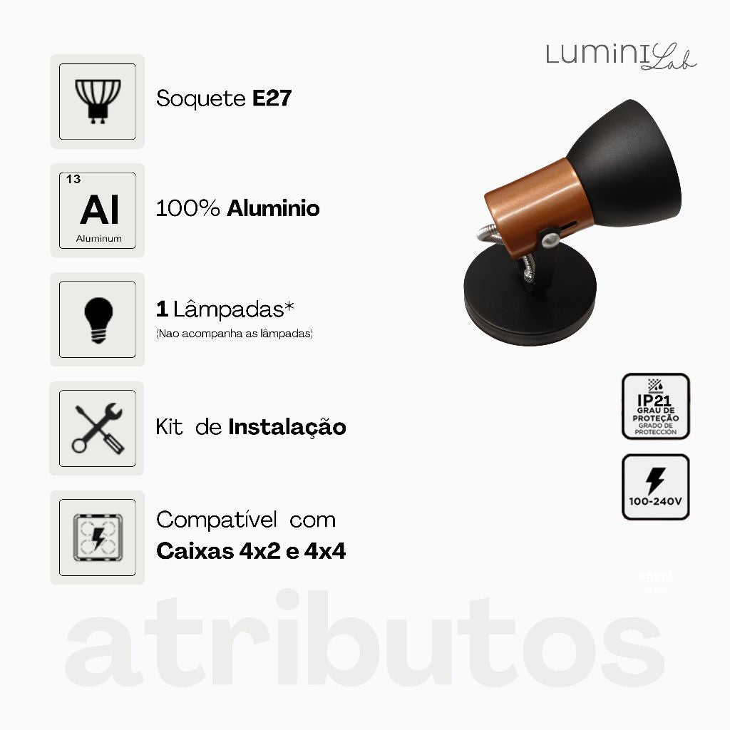 Spot Cone Alumínio1 Lâmpada E27 Lumini Lab