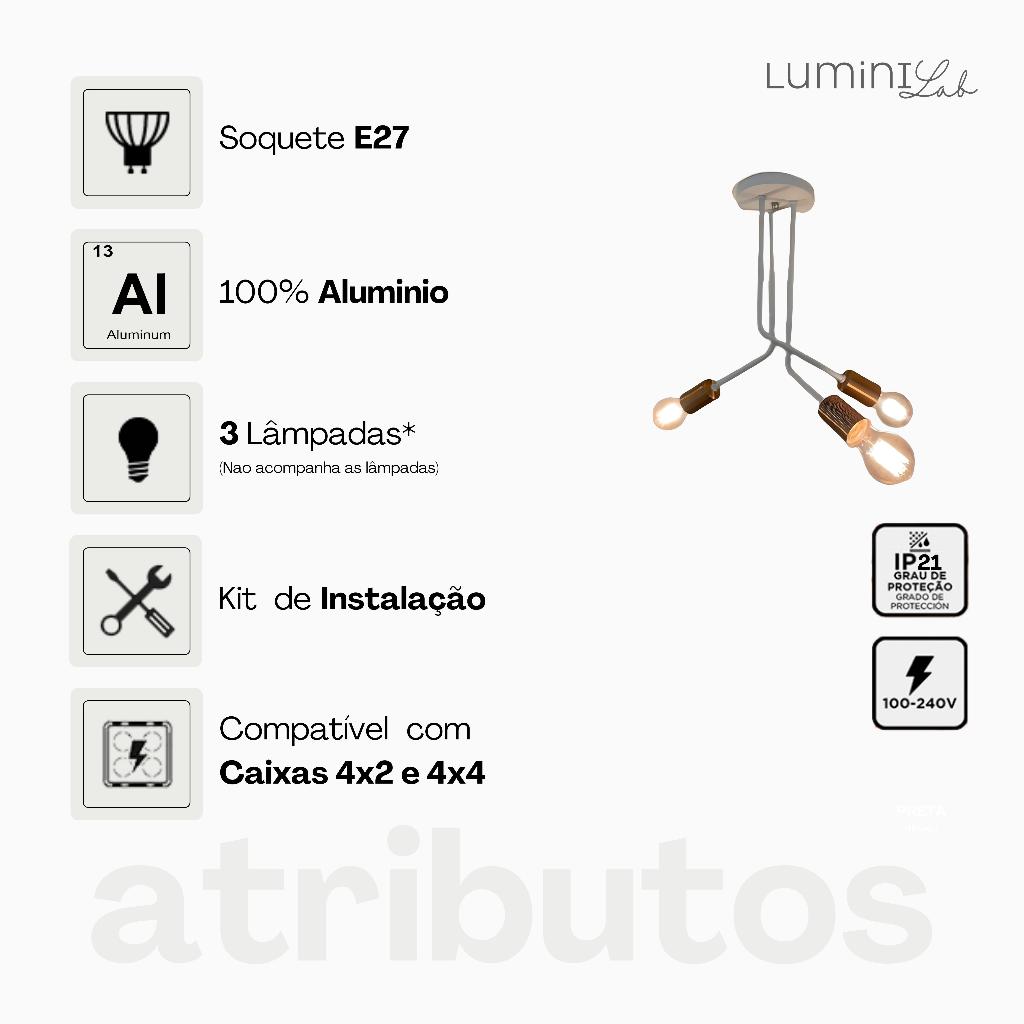 Plafon Lumiviva Aluminio Teto 3 Luzes E27 Bivolt Lumini Lab