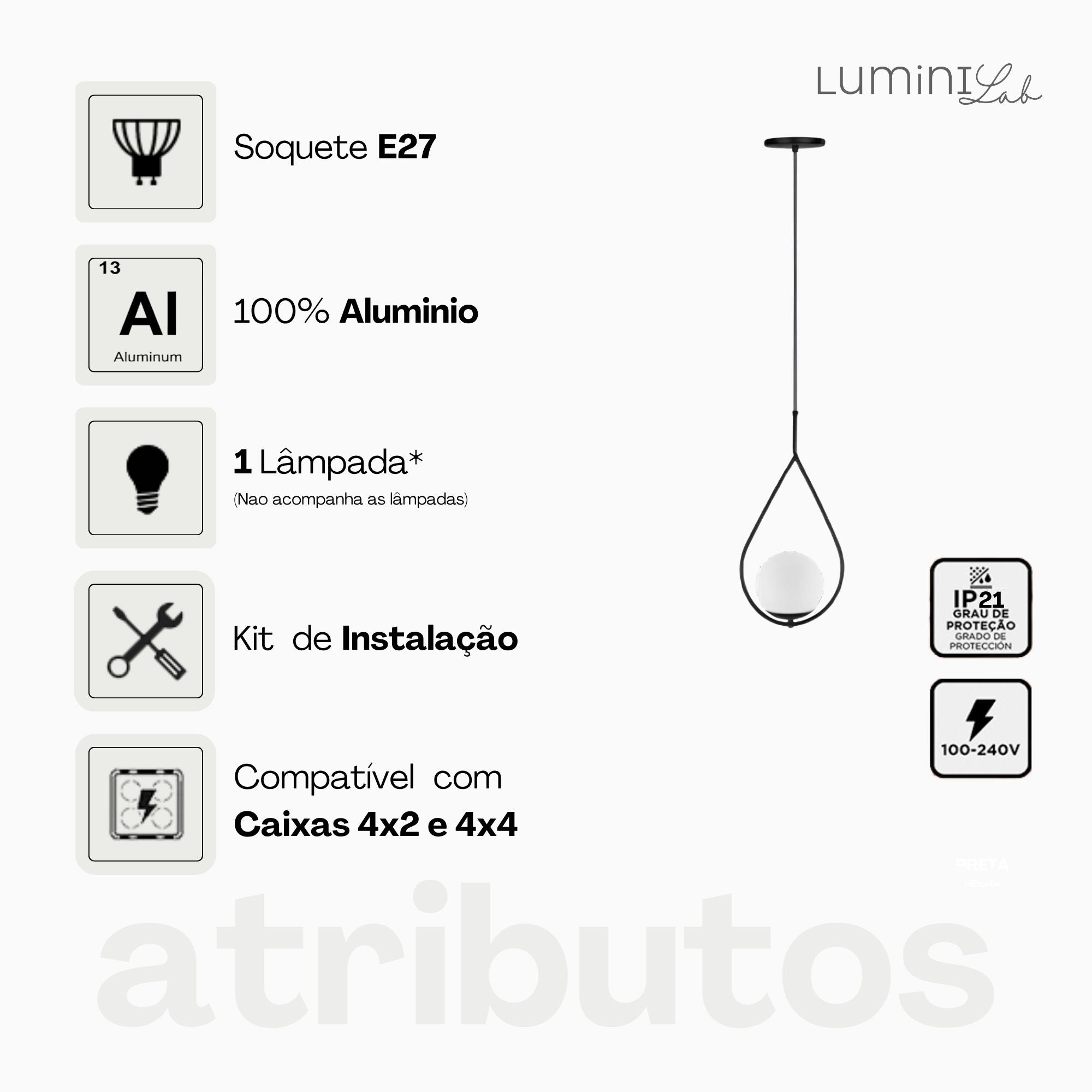 Pendente Bagda Aluminio Teto E27 1 Luz Lumini Lab