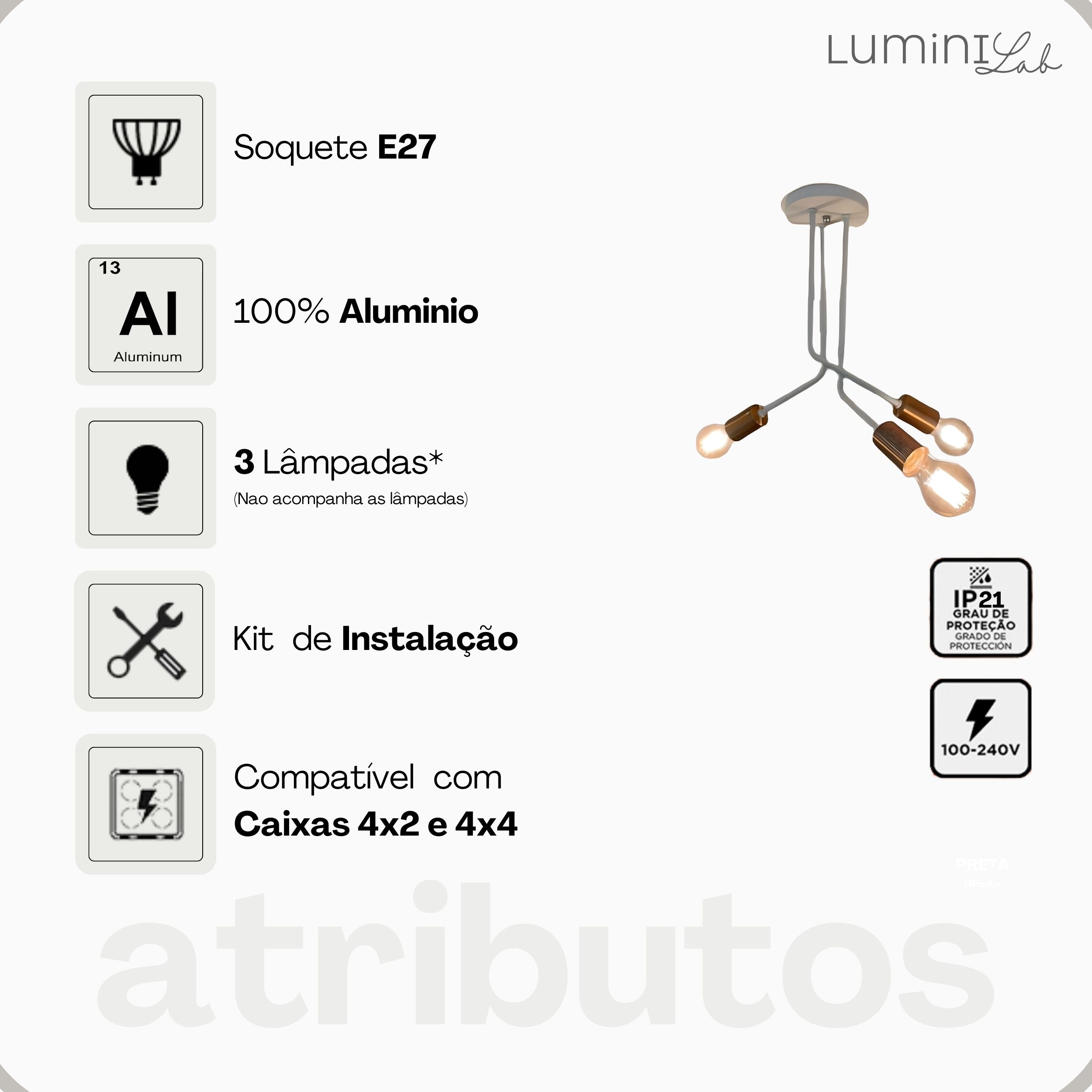 Plafon Lumiviva Aluminio Teto 3 Luzes E27 Bivolt Lumini Lab