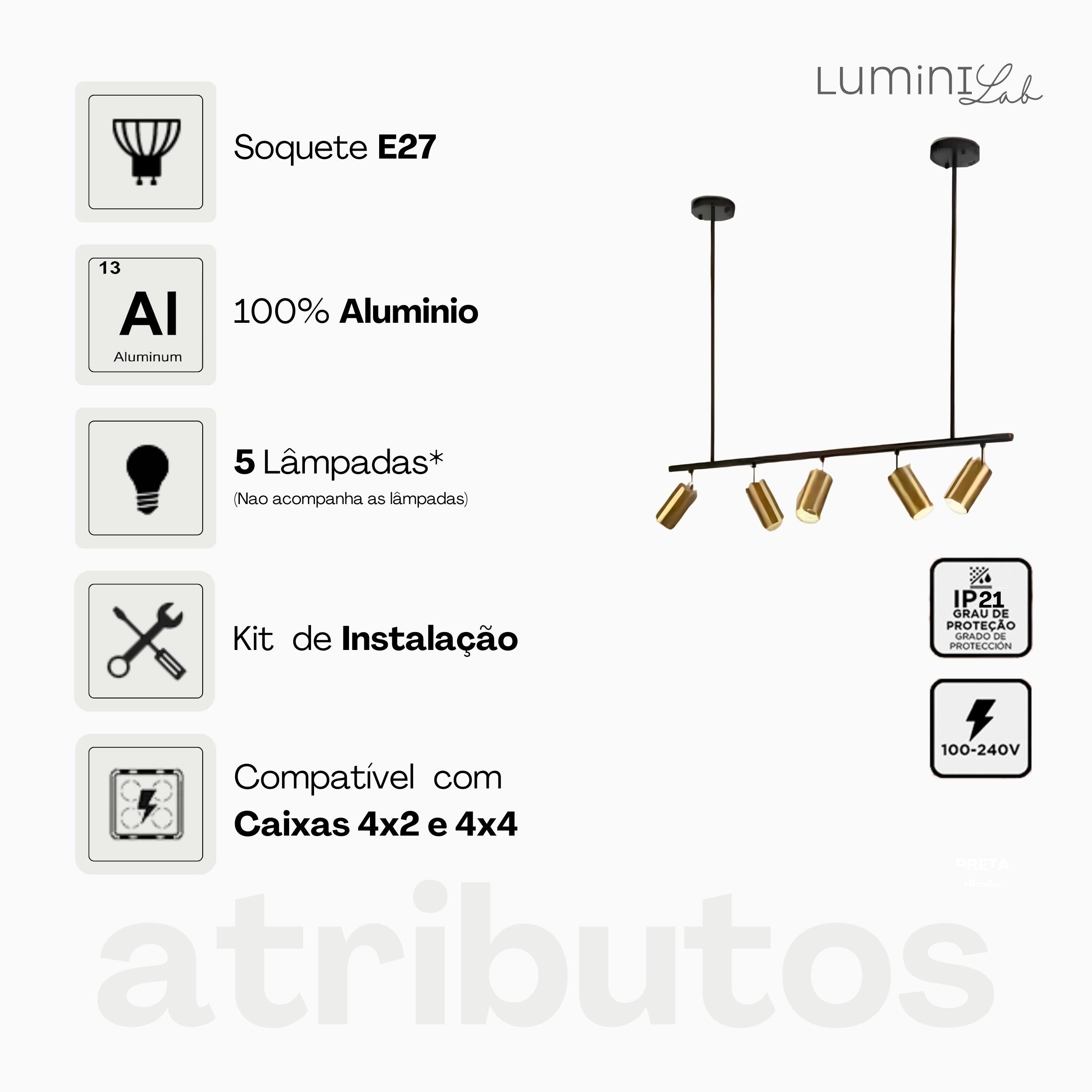 Pendente Lume Aluminio Teto Cabo 1 metro 5 Luzes E27 Bivolt Lumini Lab