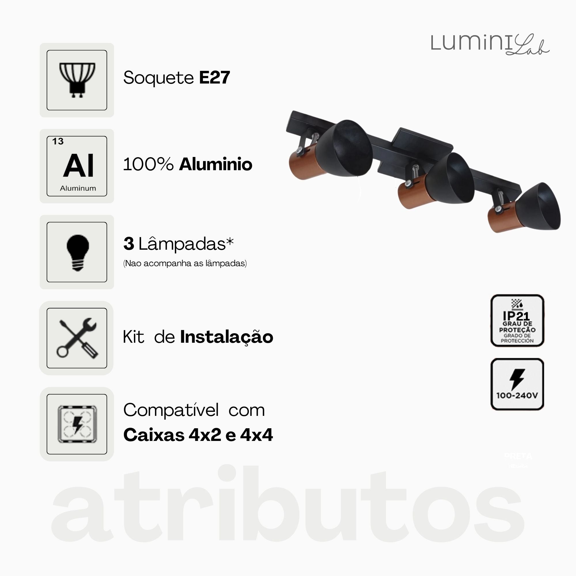 Spot Trilho Cone Aluminio 3 Lâmpadas E27 Lumini Lab