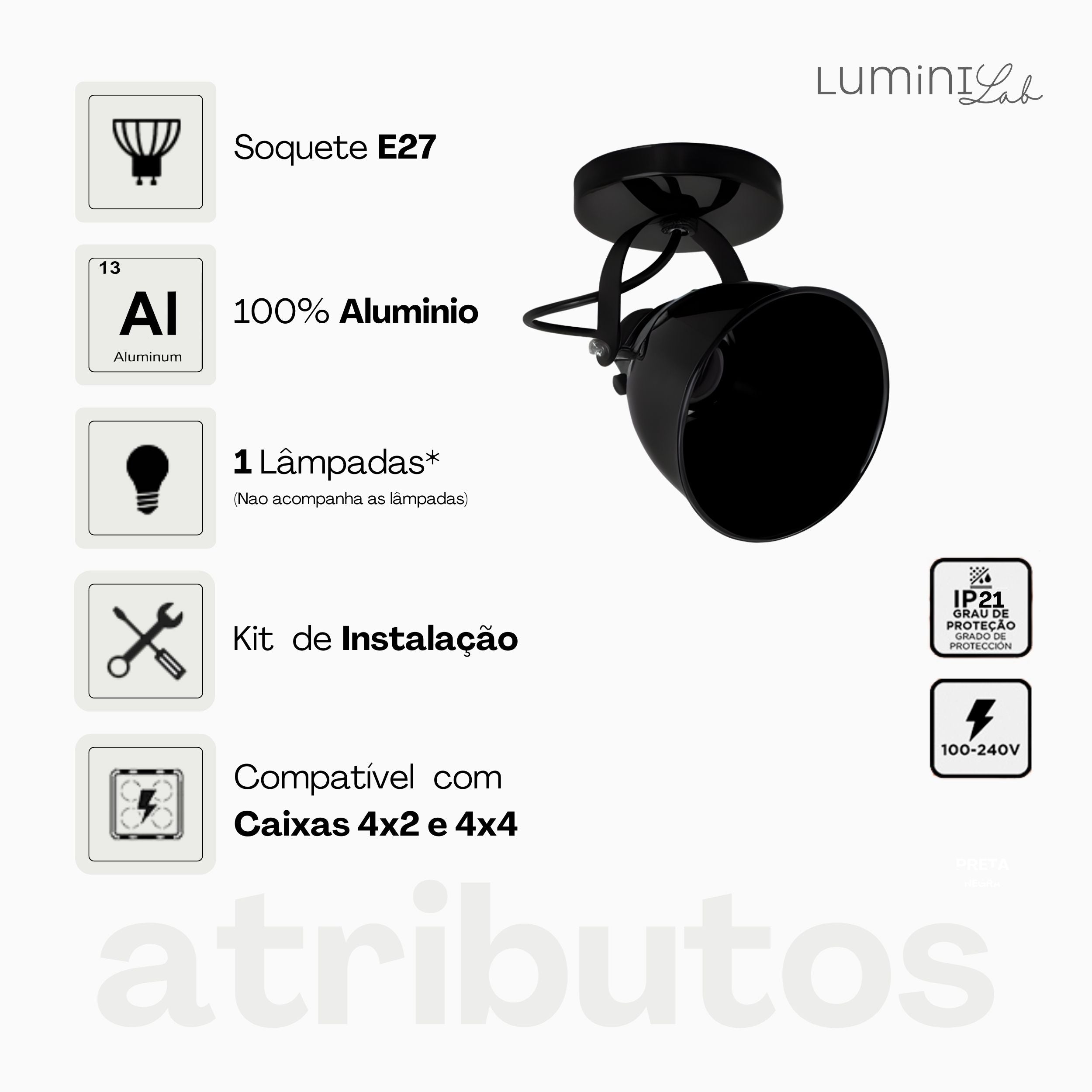 Spot Omega Aluminio Teto 1 Luz E27 Bivolt Lumini Lab